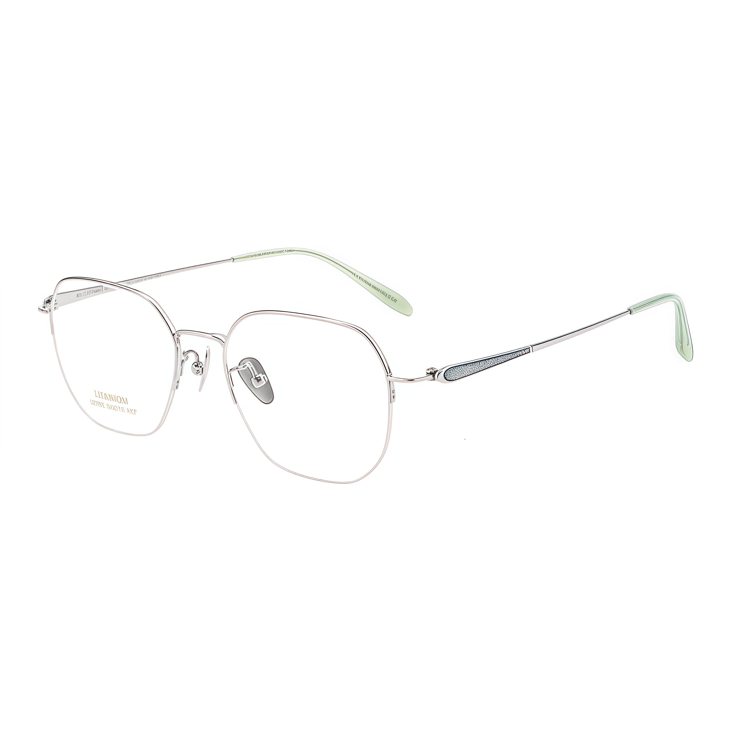 Silver women's modern pure titanium semi-rimless glasses, 45-degree product view