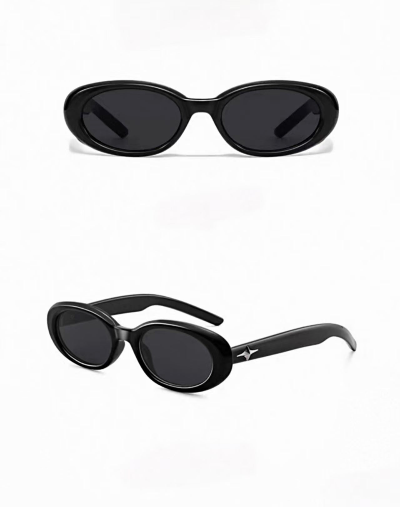 Black full-rim oval polycarbonate sunglasses, front and three-quarter views