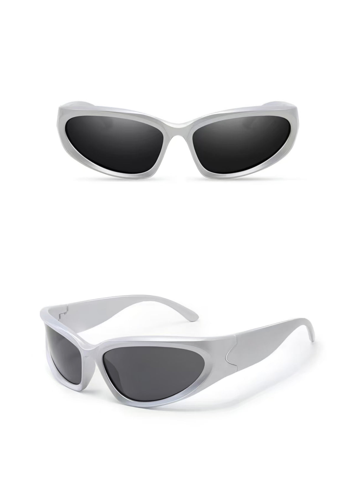 Silver&Black full-rim narrow wraparound polycarbonate sunglasses, front and three-quarter views