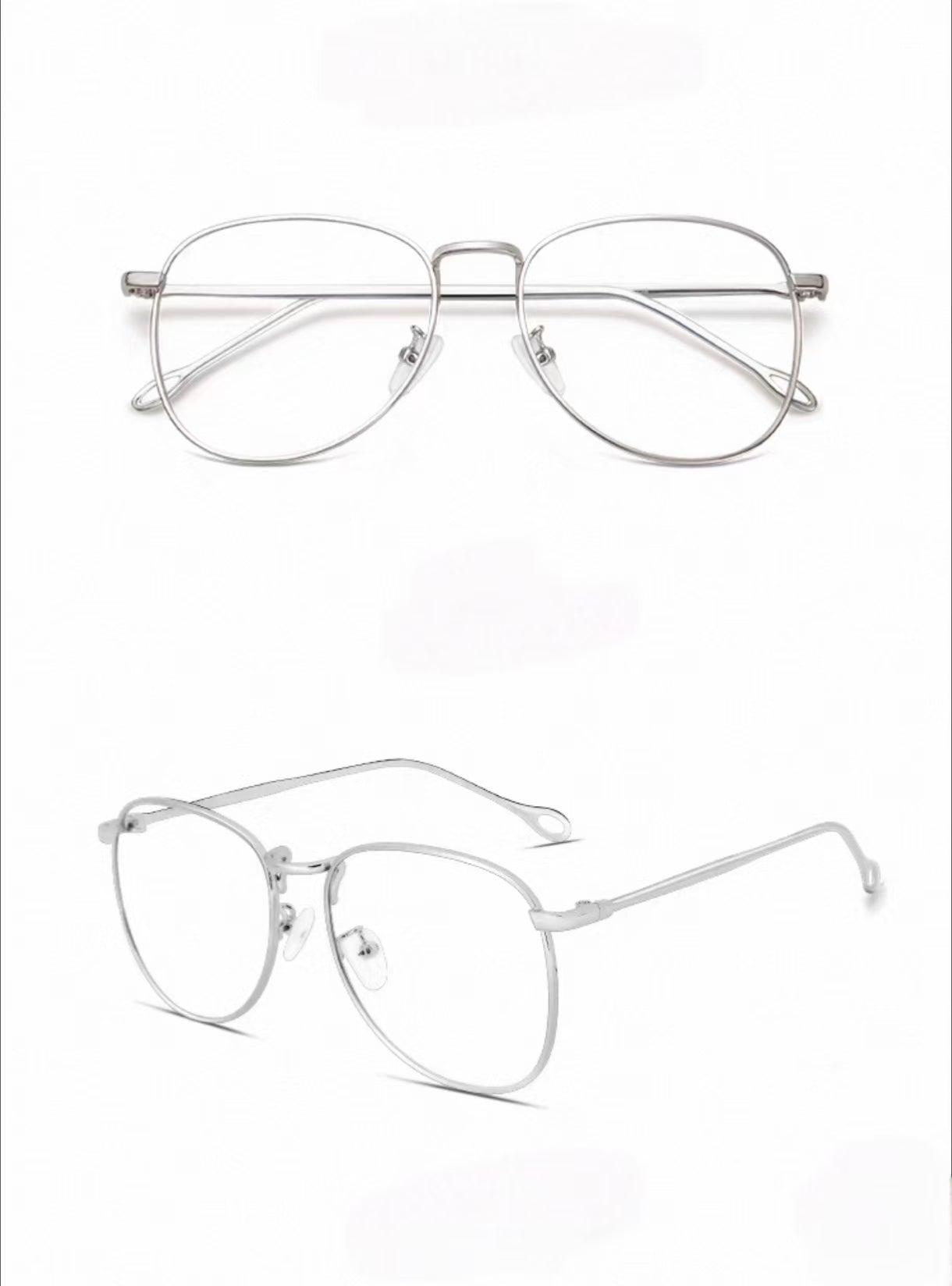 Silver men's retro oversized alloy full-rim glasses, original front and 45-degree composite detail