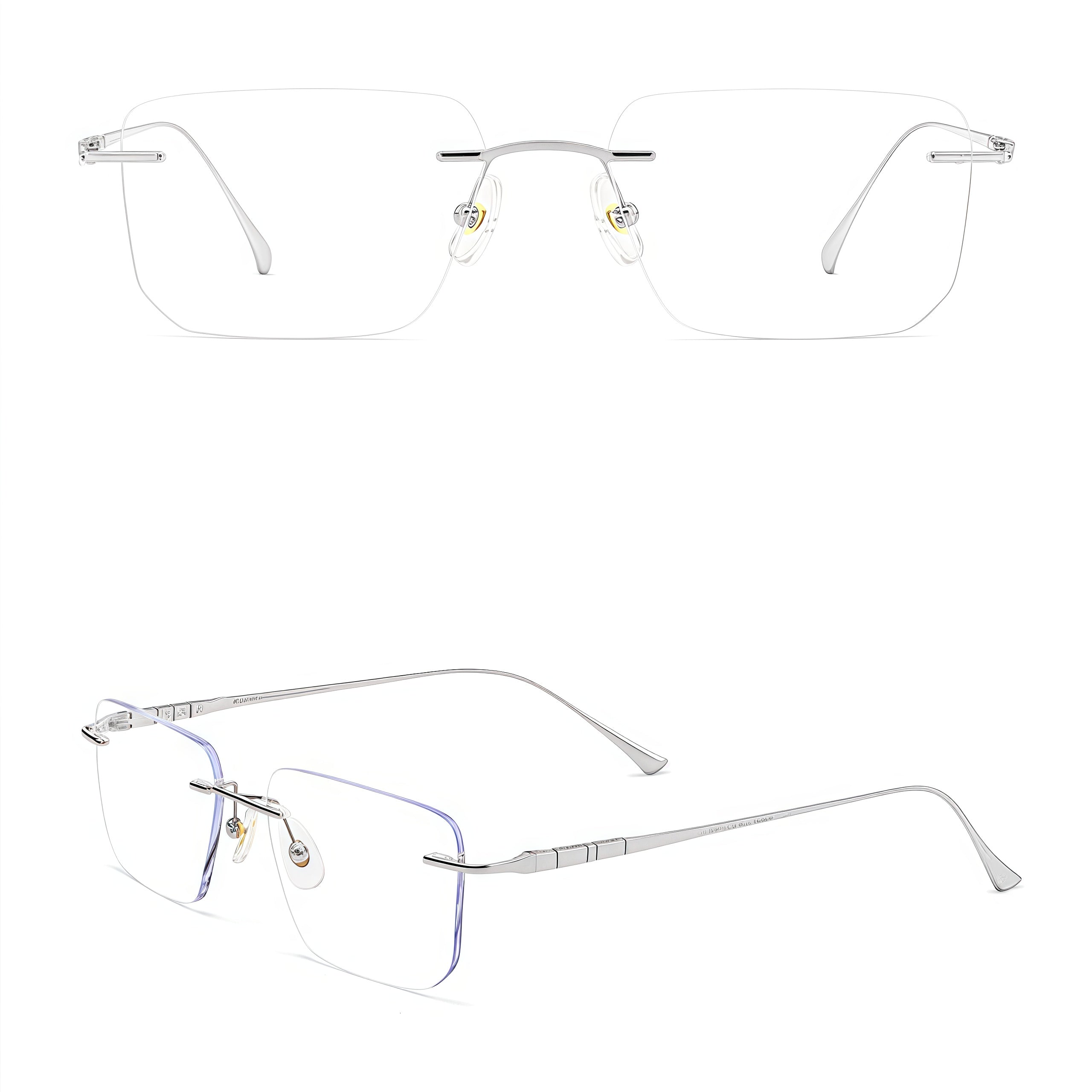 Silver men's rectangular titanium blend rimless glasses, product view