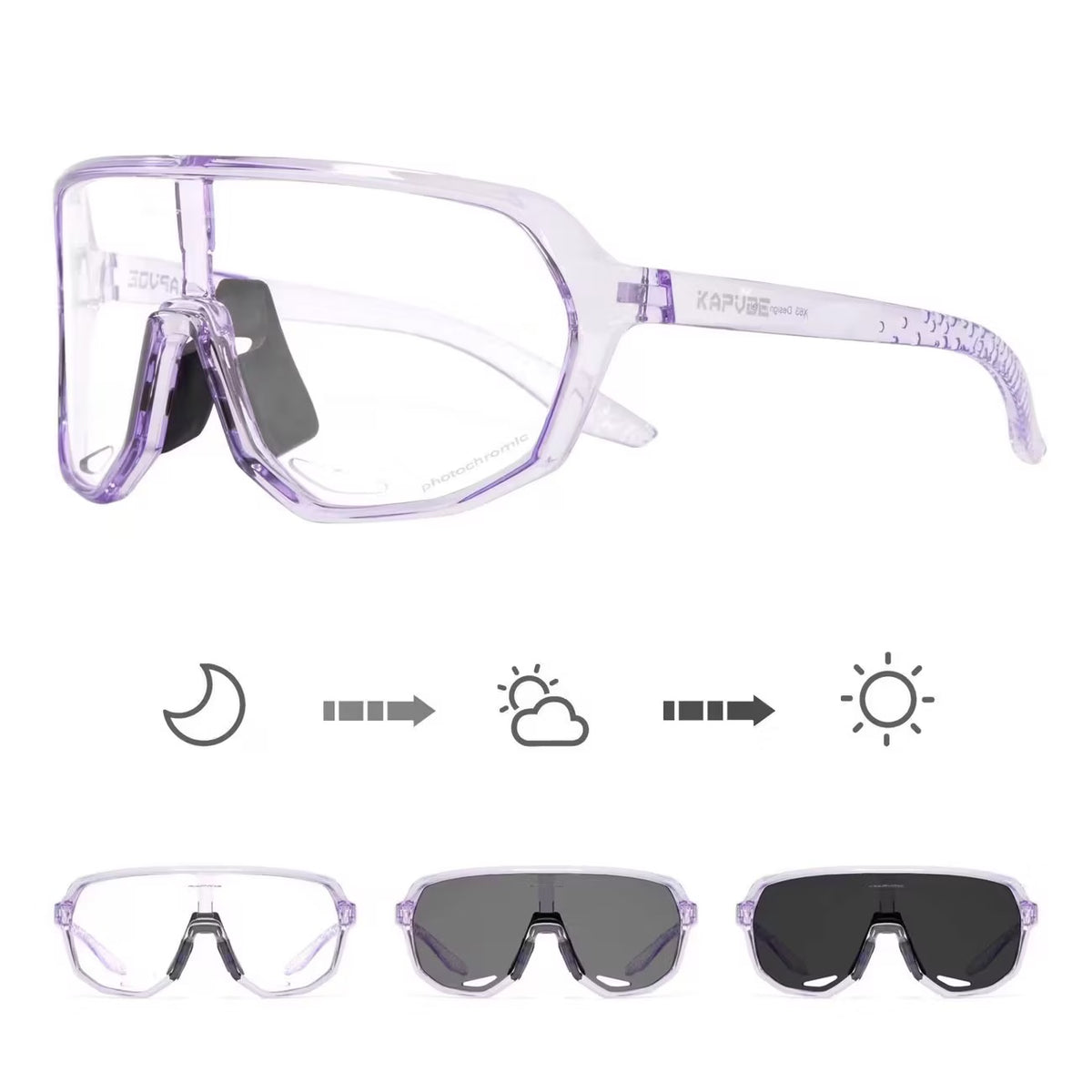 Crystal Light Purple Frame/Photochromic Grey Lens unisex tr90 wraparound rectangle sunglasses, detail-01 view