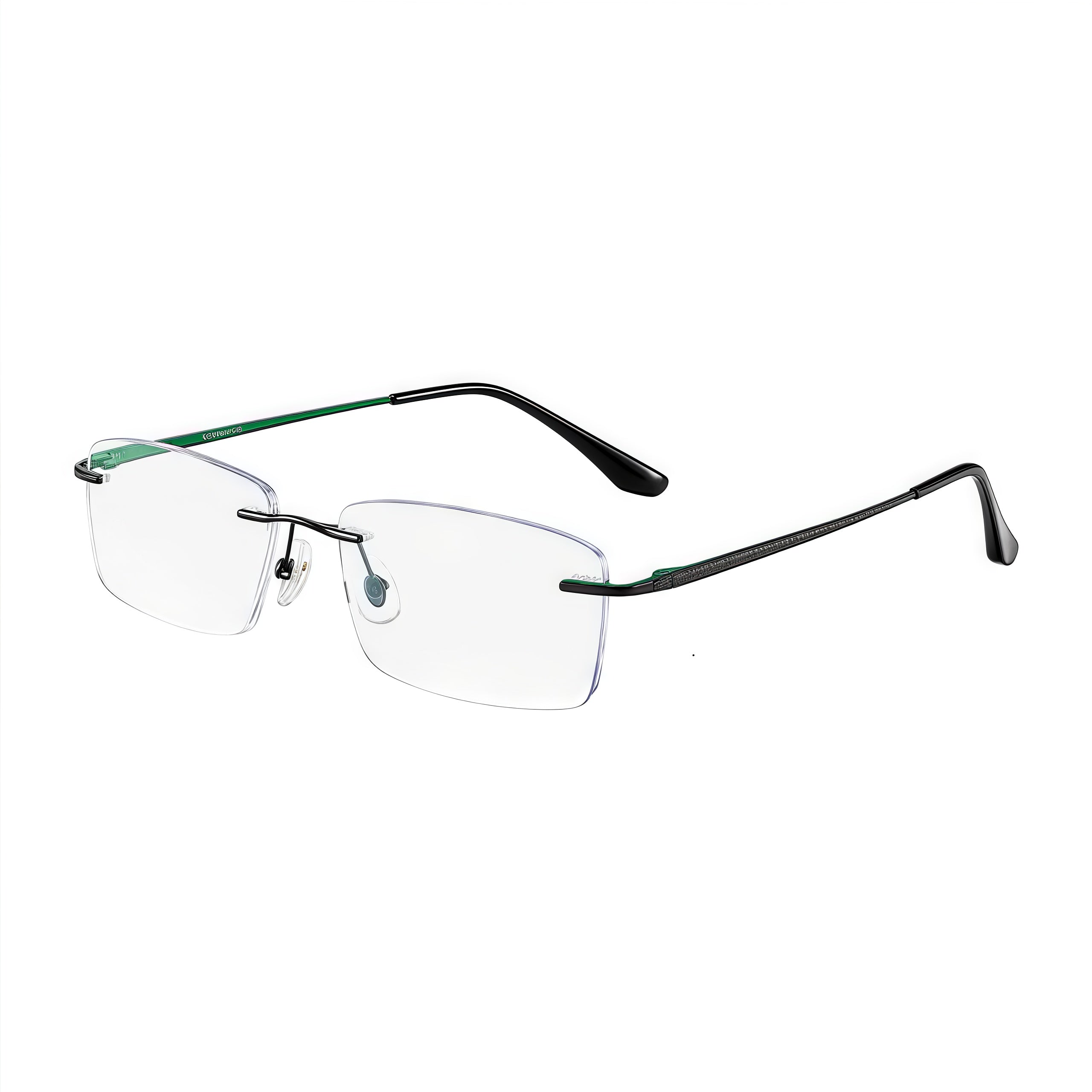 Black/Green unisex titanium rimless slim rectangular eyeglass frames, product view