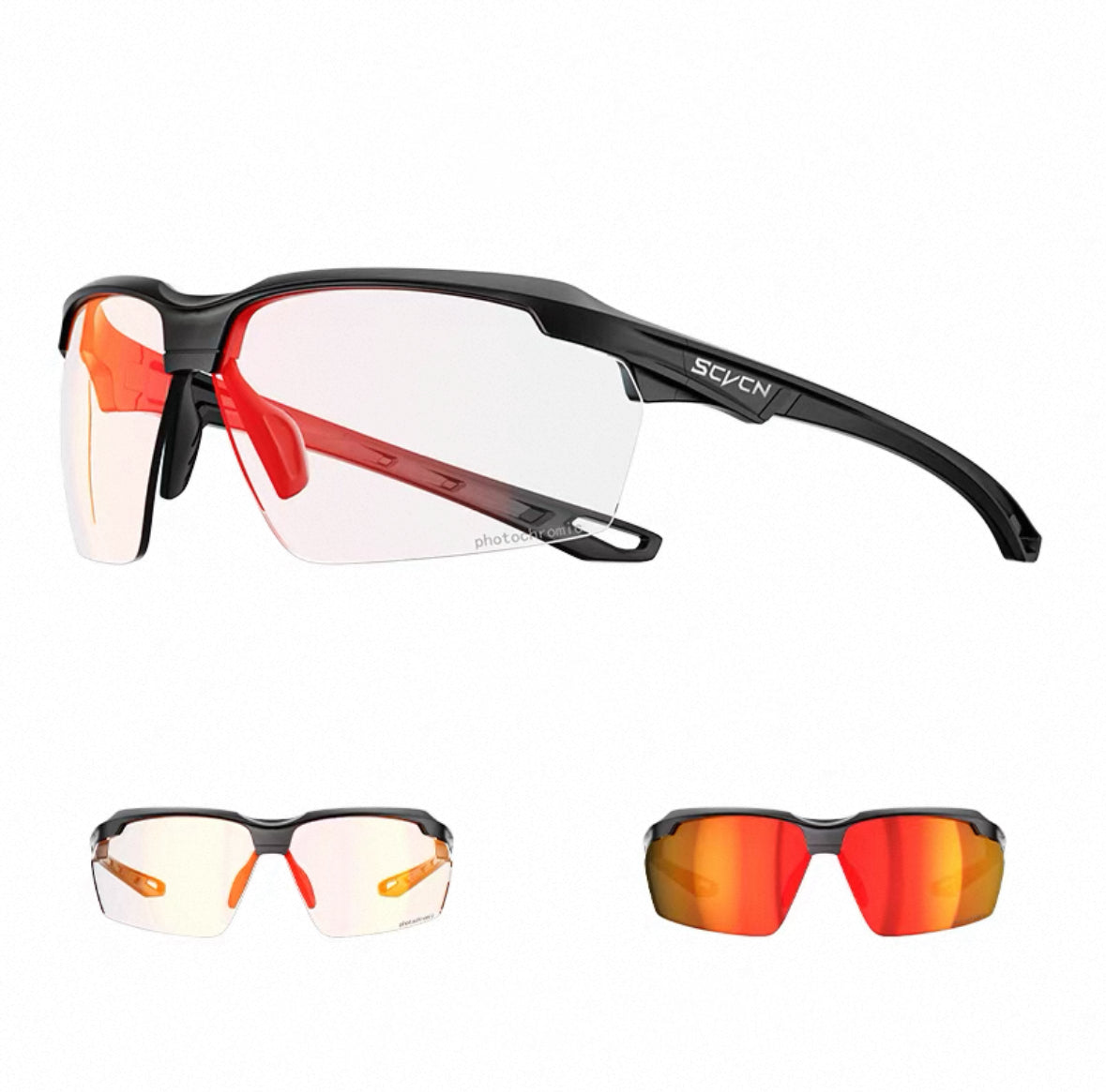 Black Frame/Photochromic Red Lens front and 45-degree product views of Day & Night Outdoor Sports Sunglasses