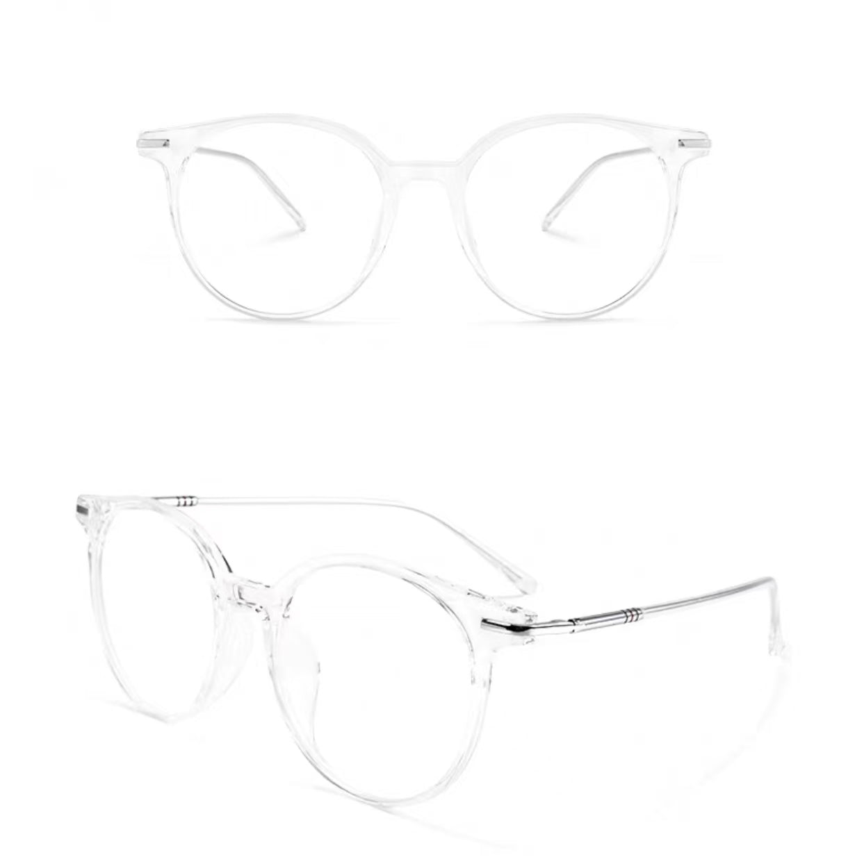 Crystal Clear unisex TR90 round full-rim glasses, original front-and-45-degree composite detail