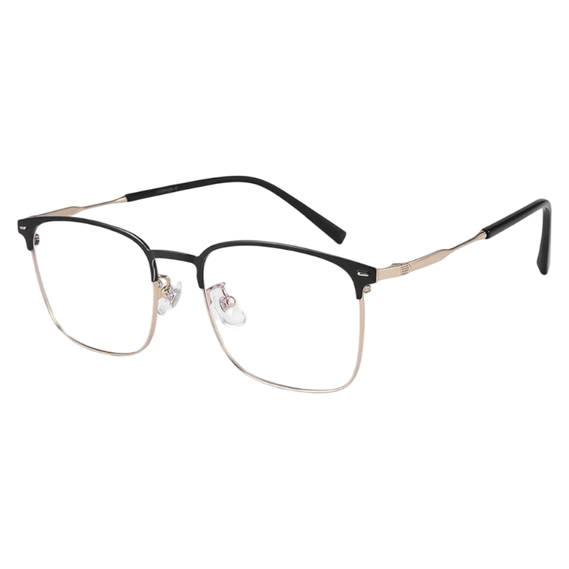 Black and Gold sophisticated square browline profile semi-rimless eyeglass frame, three-quarter product view