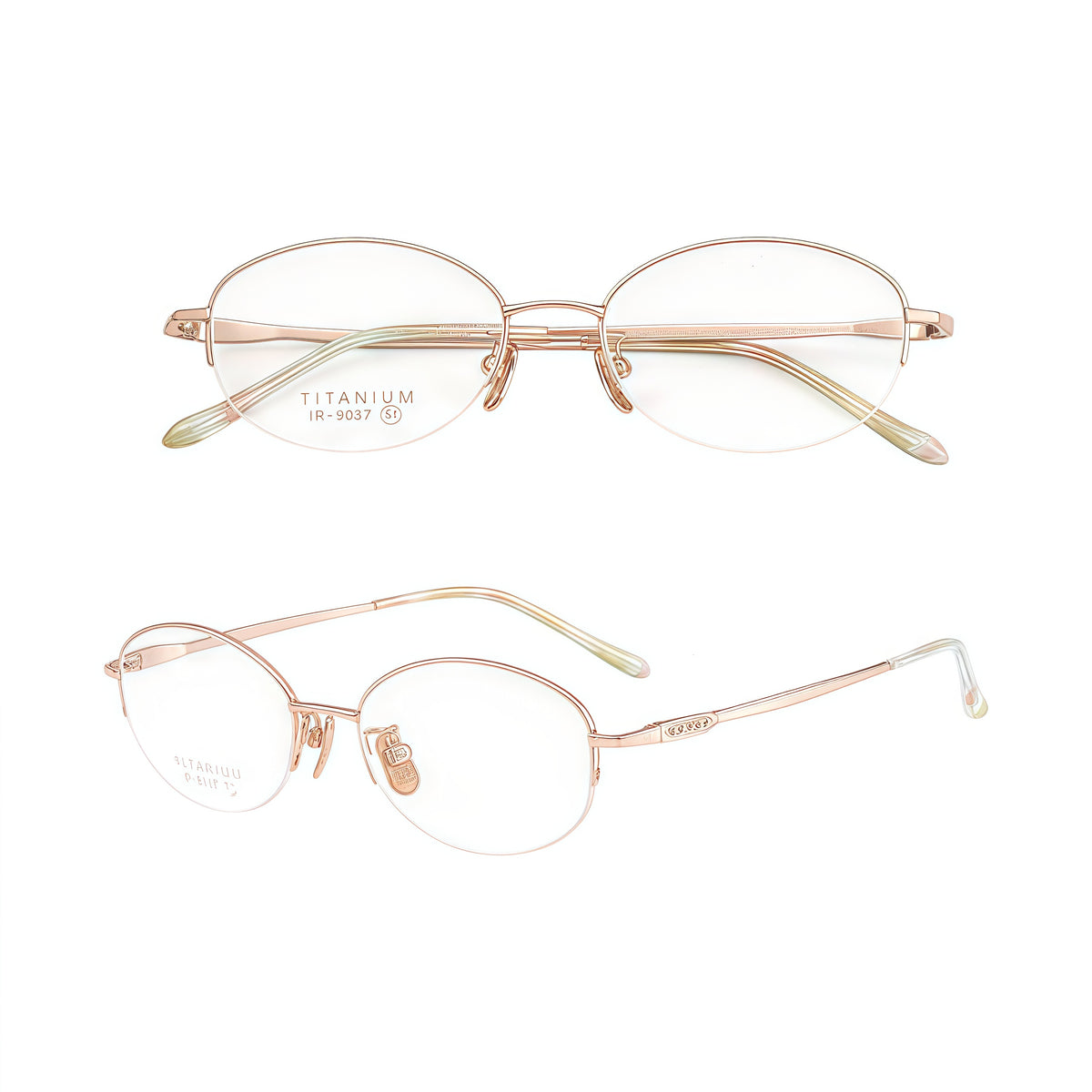 Rose-gold pure-titanium semi-rimless glasses, combined front and 45-degree product views