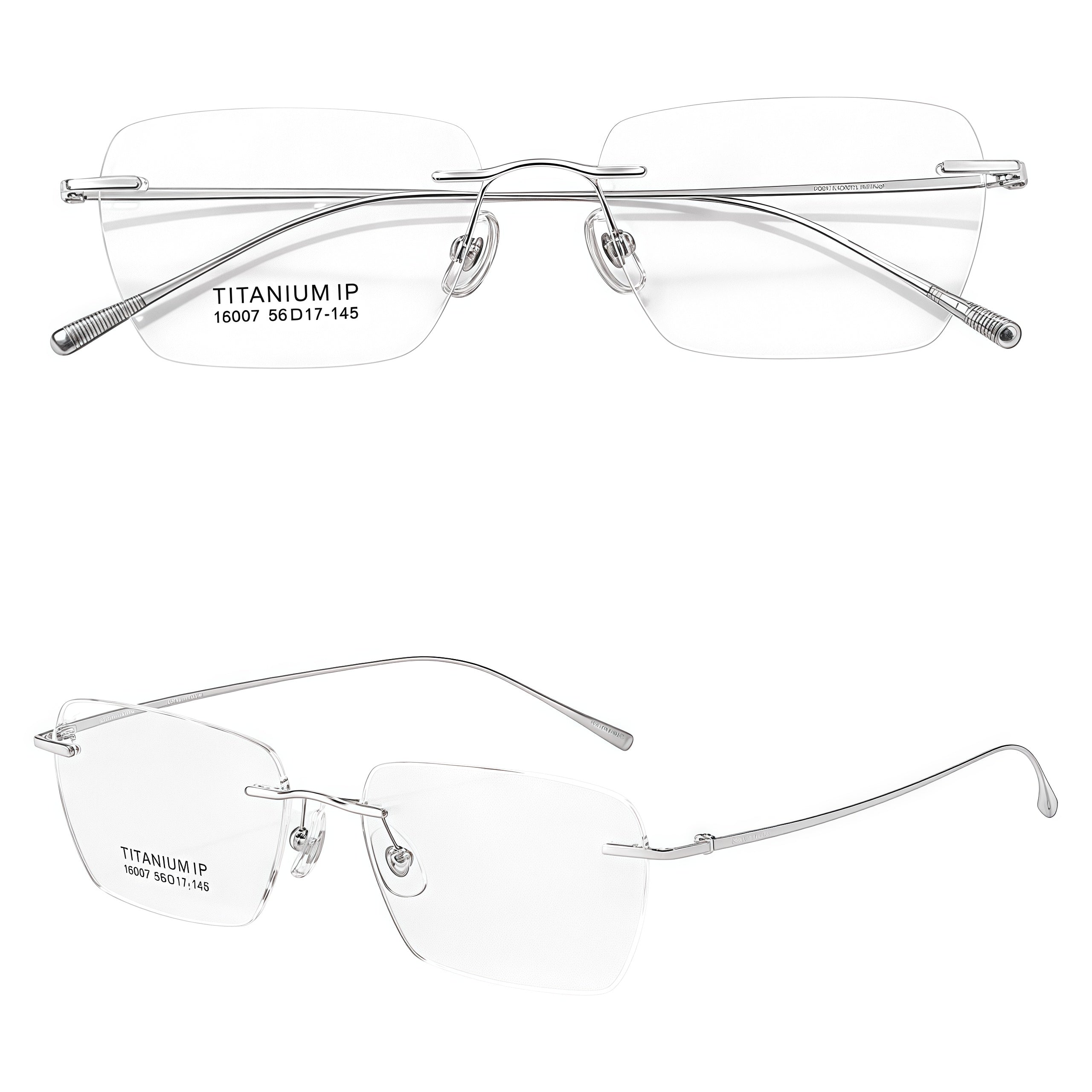 Silver pure titanium rimless eyeglasses in front and 45-degree product views