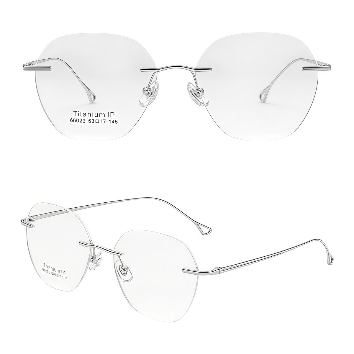 Silver unisex pure titanium rounded geometric rimless eyeglass frames, product views