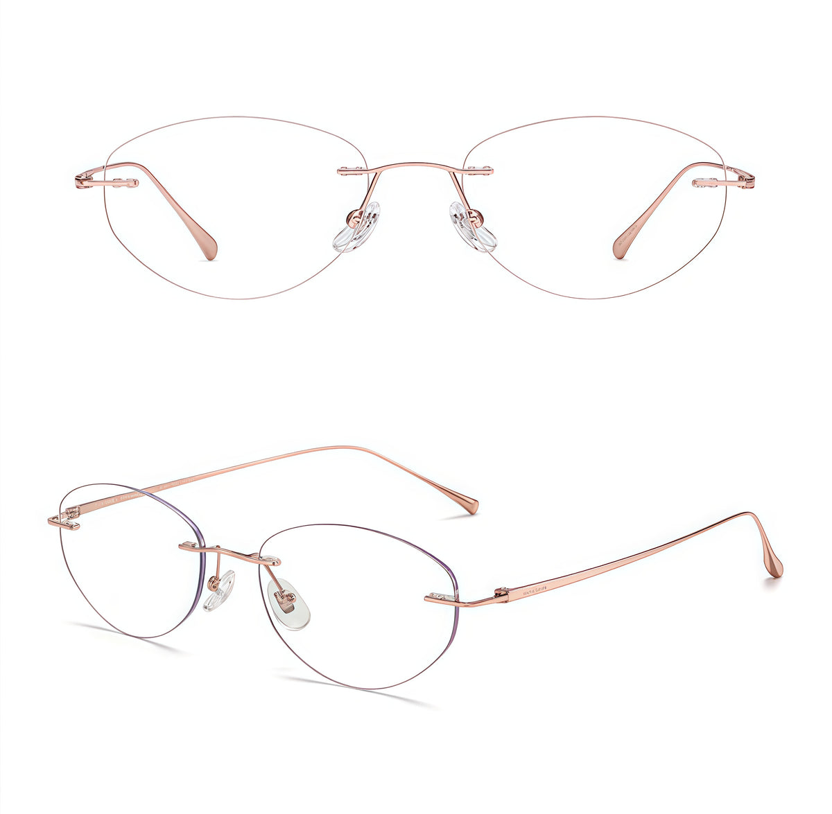 Rose Gold women's titanium rimless round glasses, supplier front and three-quarter views