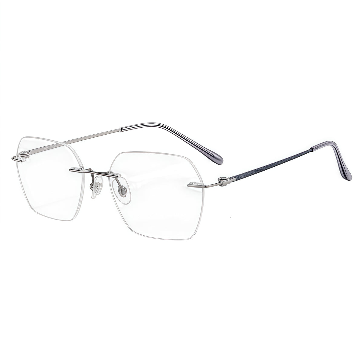 Gunmetal Blue rimless geometric rectangular pure titanium eyeglass frames, supplier front and angle reference