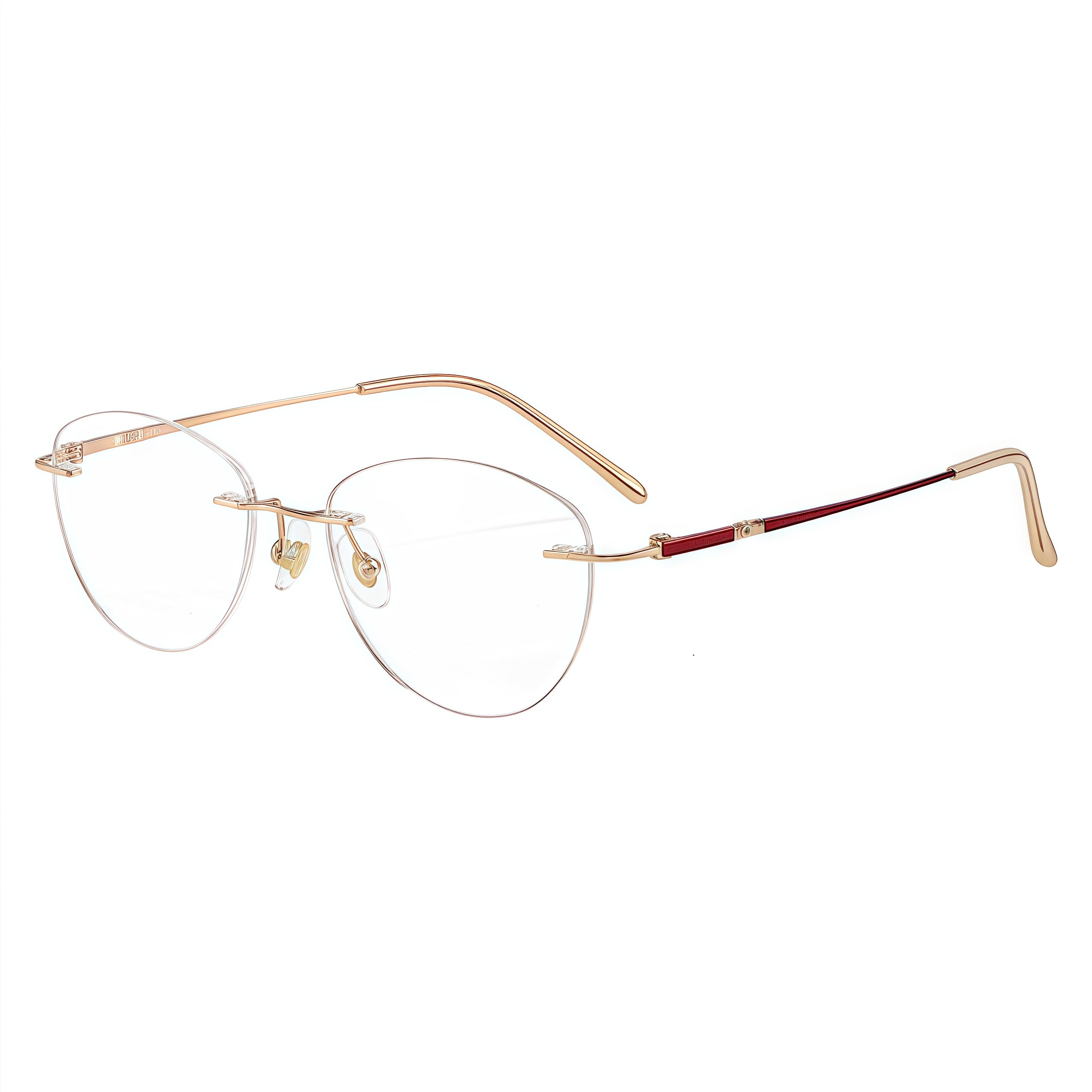 Red/Rose Gold women pure titanium cat-eye rimless eyeglasses, 45-degree view