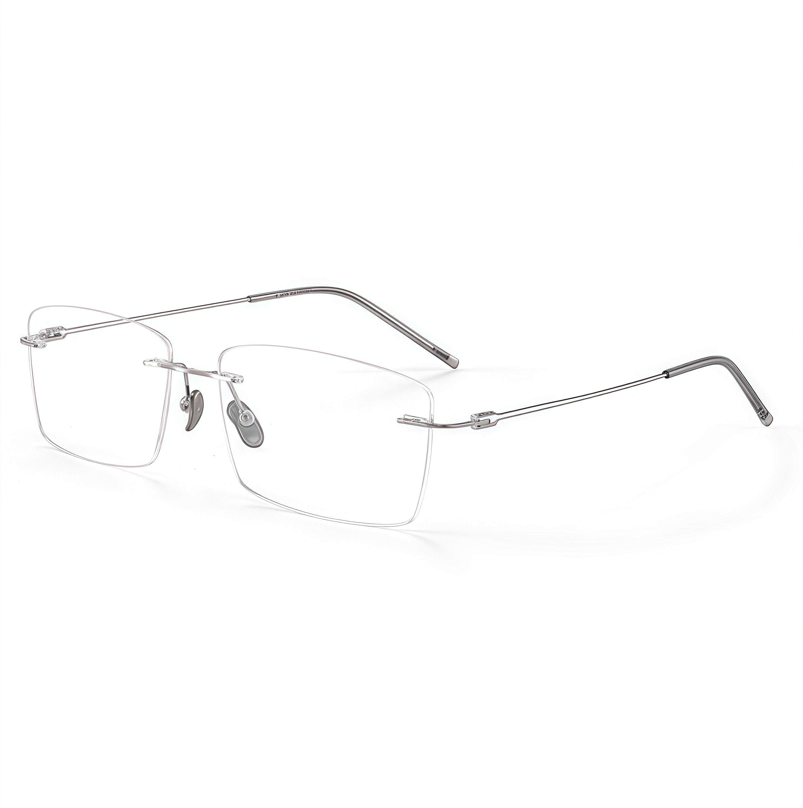 Silver rimless shallow rectangular pure titanium eyeglass frames, supplier front and angle reference