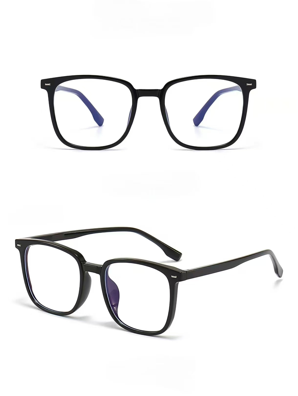 Glossy Black TR90 ultra-light softly squared full-rim glasses, original front and 45-degree product detail