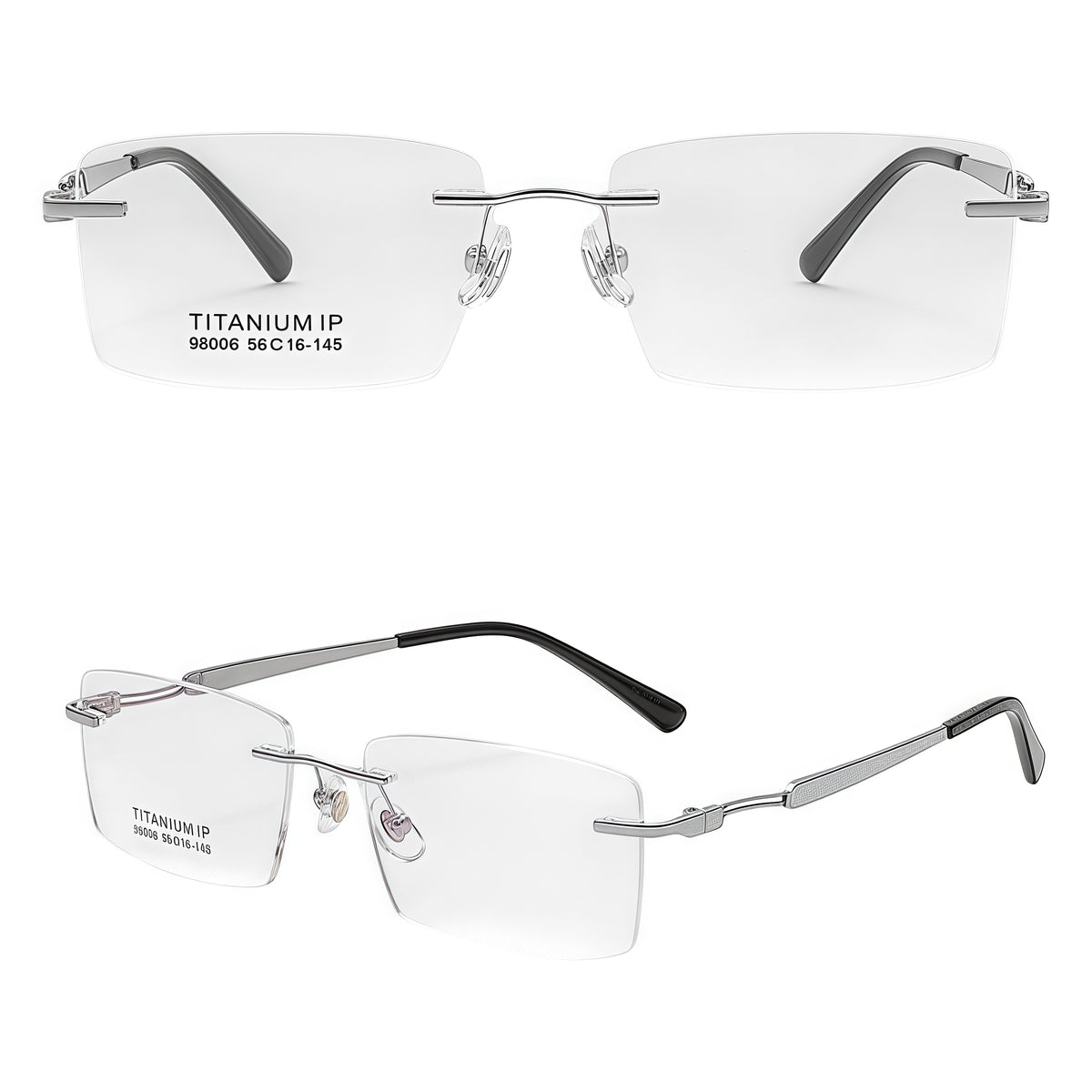 Silver men pure titanium rectangular rimless eyeglasses, 45-degree view