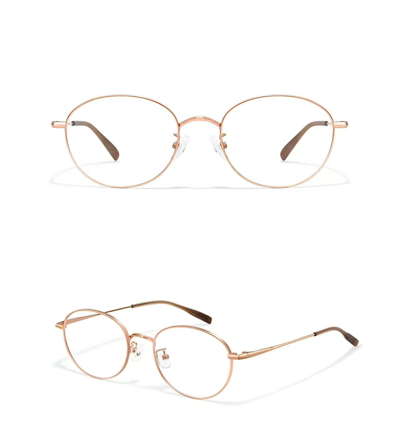 Rose Gold thin-wire oval full-rim glasses, original front and 45-degree views
