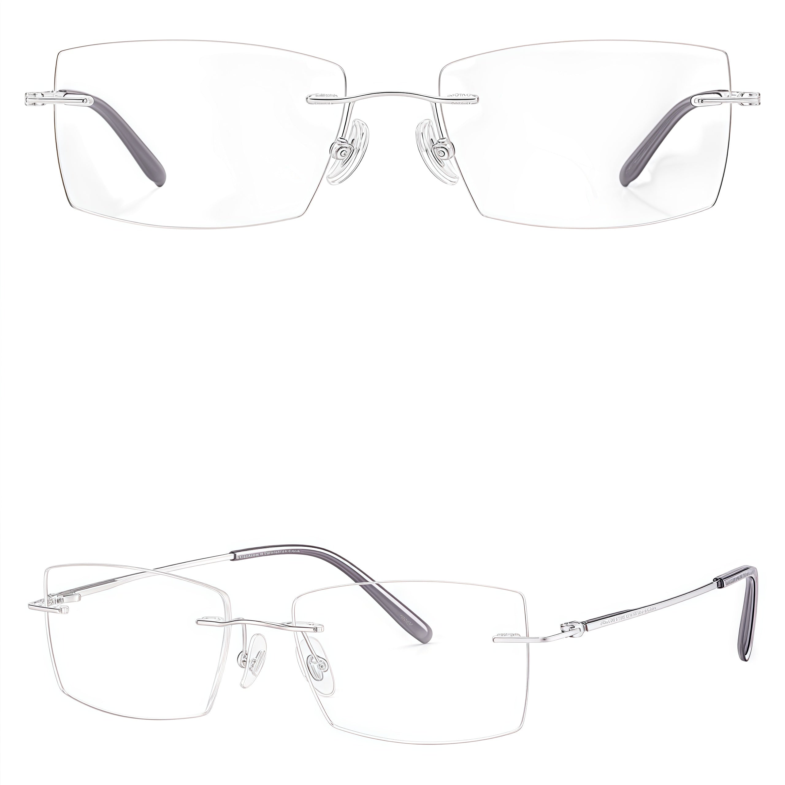 Silver rimless slim rectangular pure titanium eyeglass frames, supplier front and angle reference