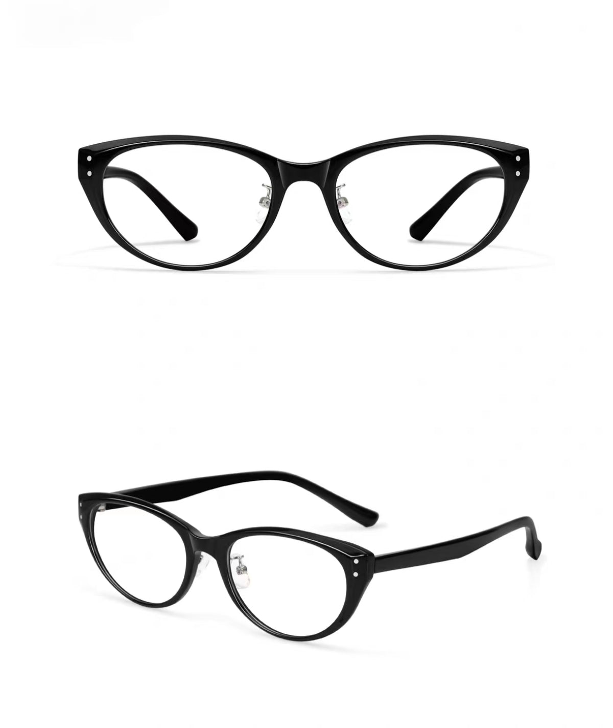 Glossy Black women's TR90 cat-eye glasses, original front-and-45-degree composite detail