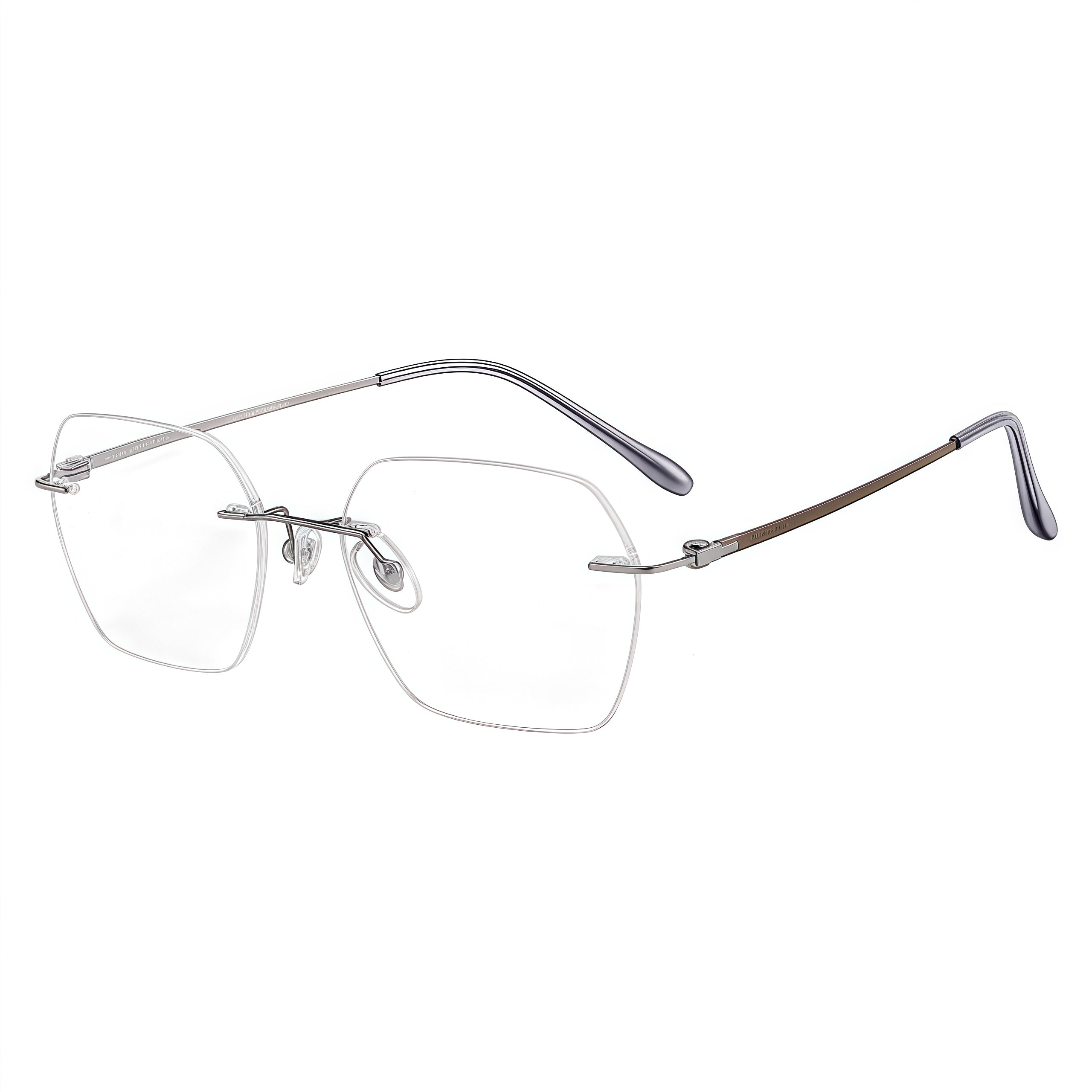 Gunmetal Brown Grey rimless geometric rectangular pure titanium eyeglass frames, supplier front and angle reference