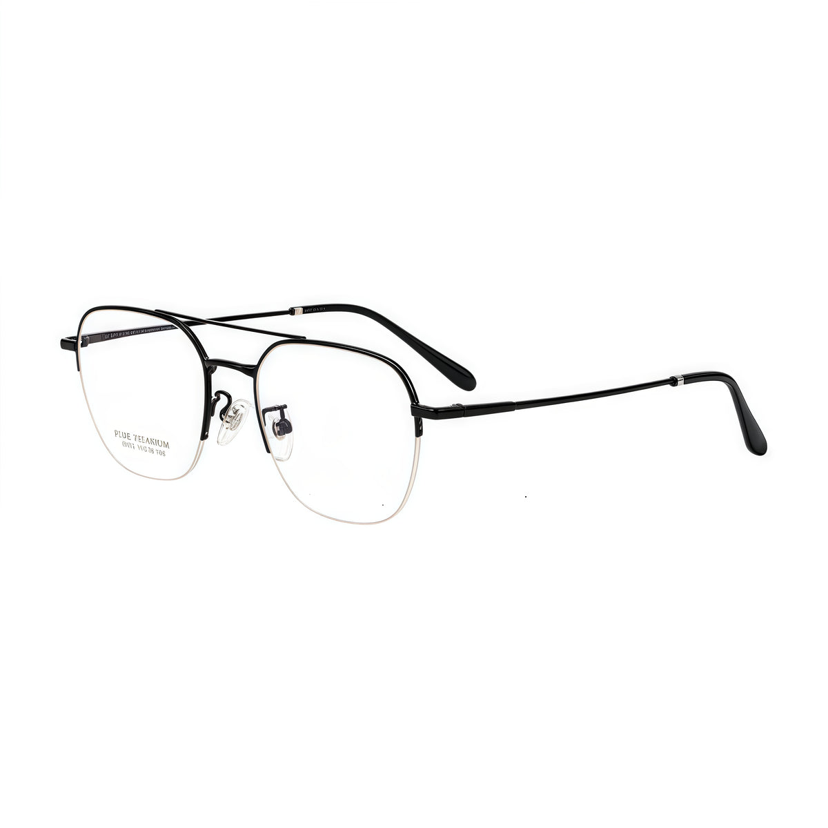 Black unisex pure titanium double-bridge semi-rimless glasses, alternate 45-degree product detail