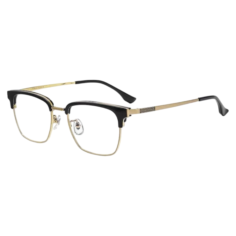 Black and Gold refined square browline profile semi-rimless eyeglass frame, three-quarter product view