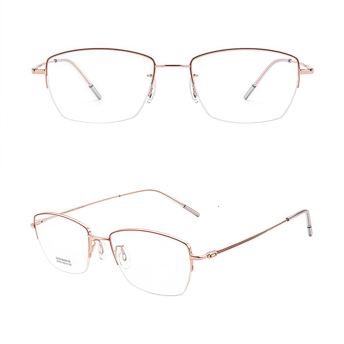 Pink and Rose Gold minimalist titanium semi-rimless glasses, original front and 45-degree product views