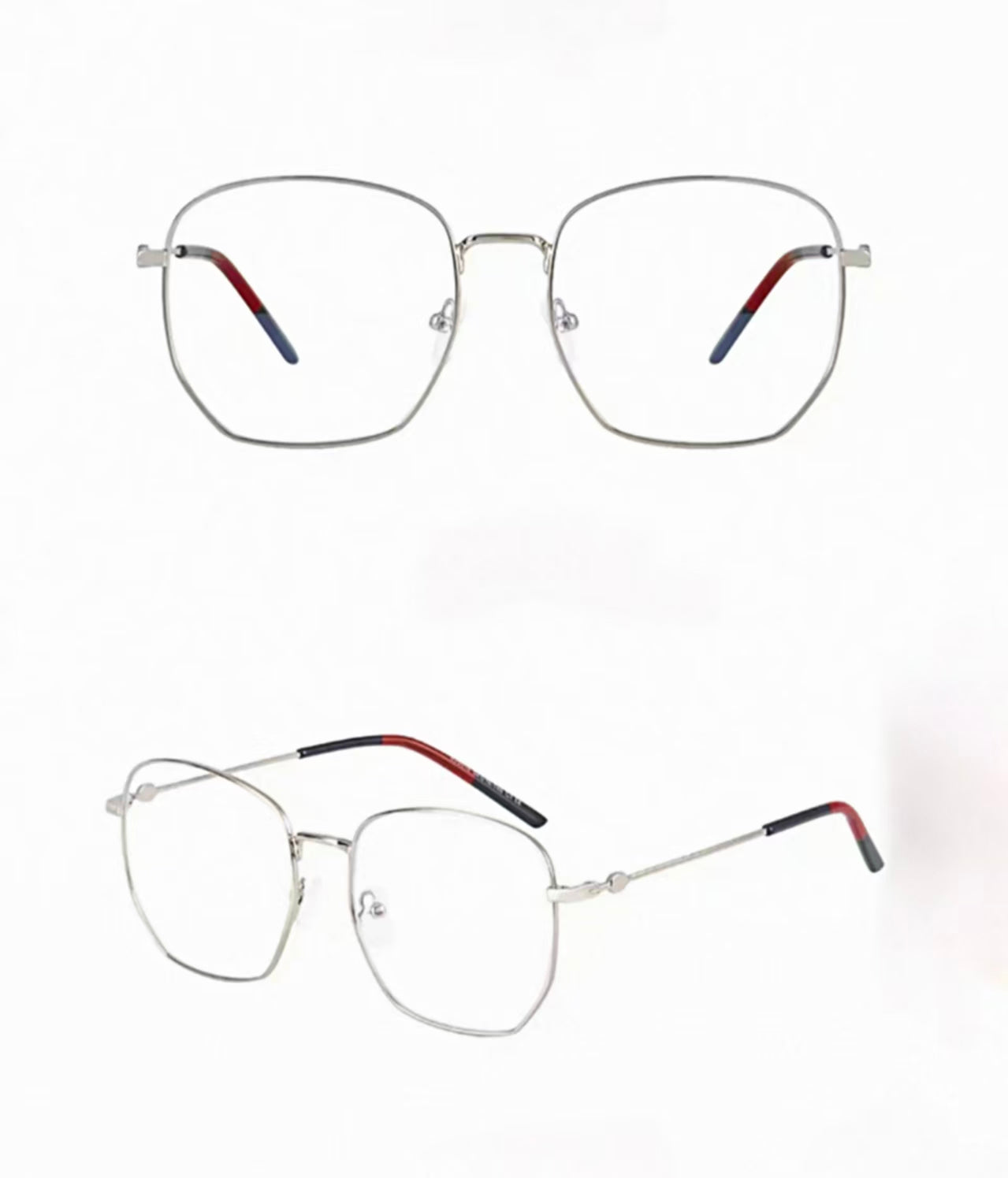 Silver men's oversized titanium full-rim glasses, original front and 45-degree composite detail