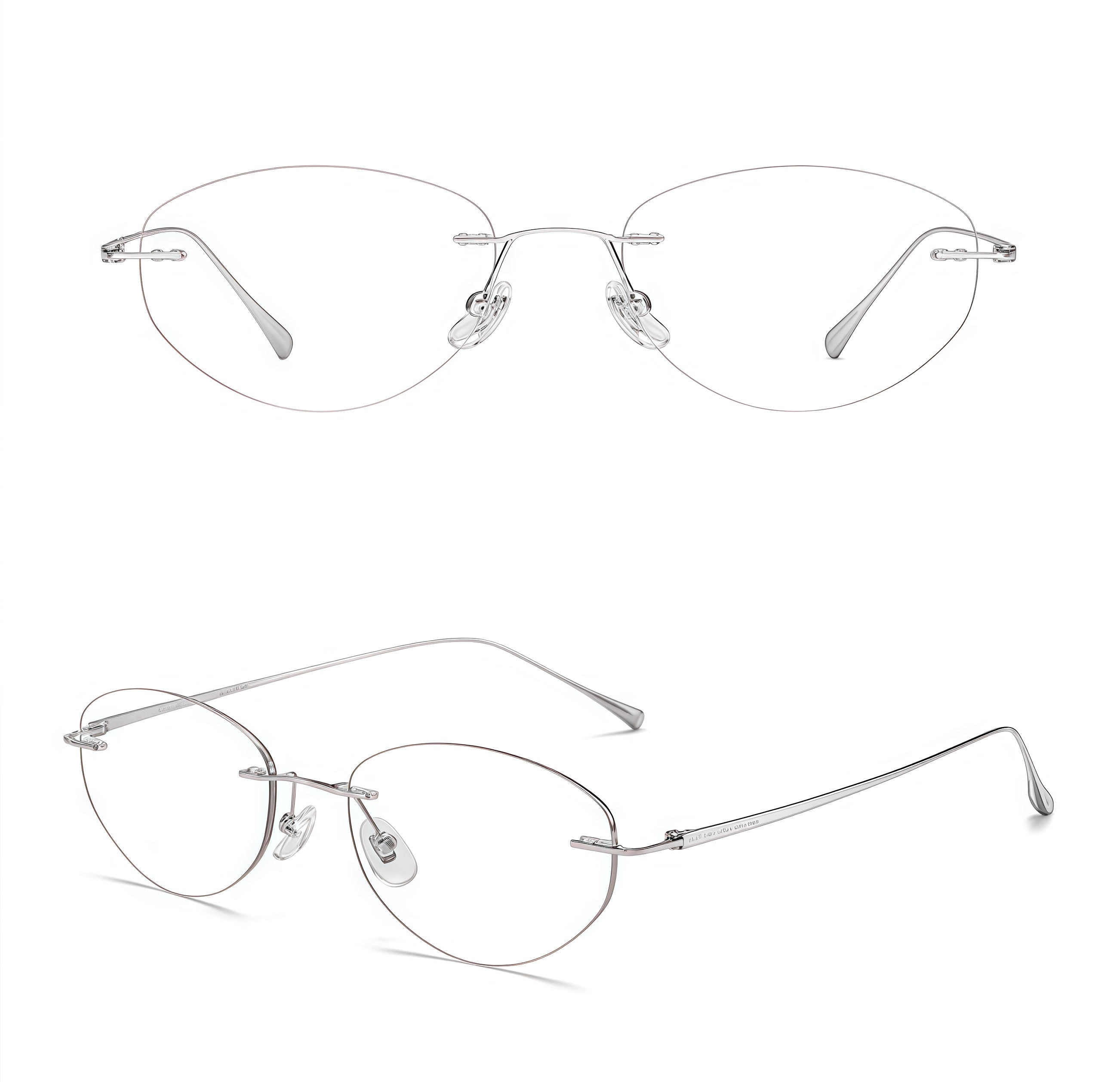 Silver women's titanium rimless round glasses, supplier front and three-quarter views