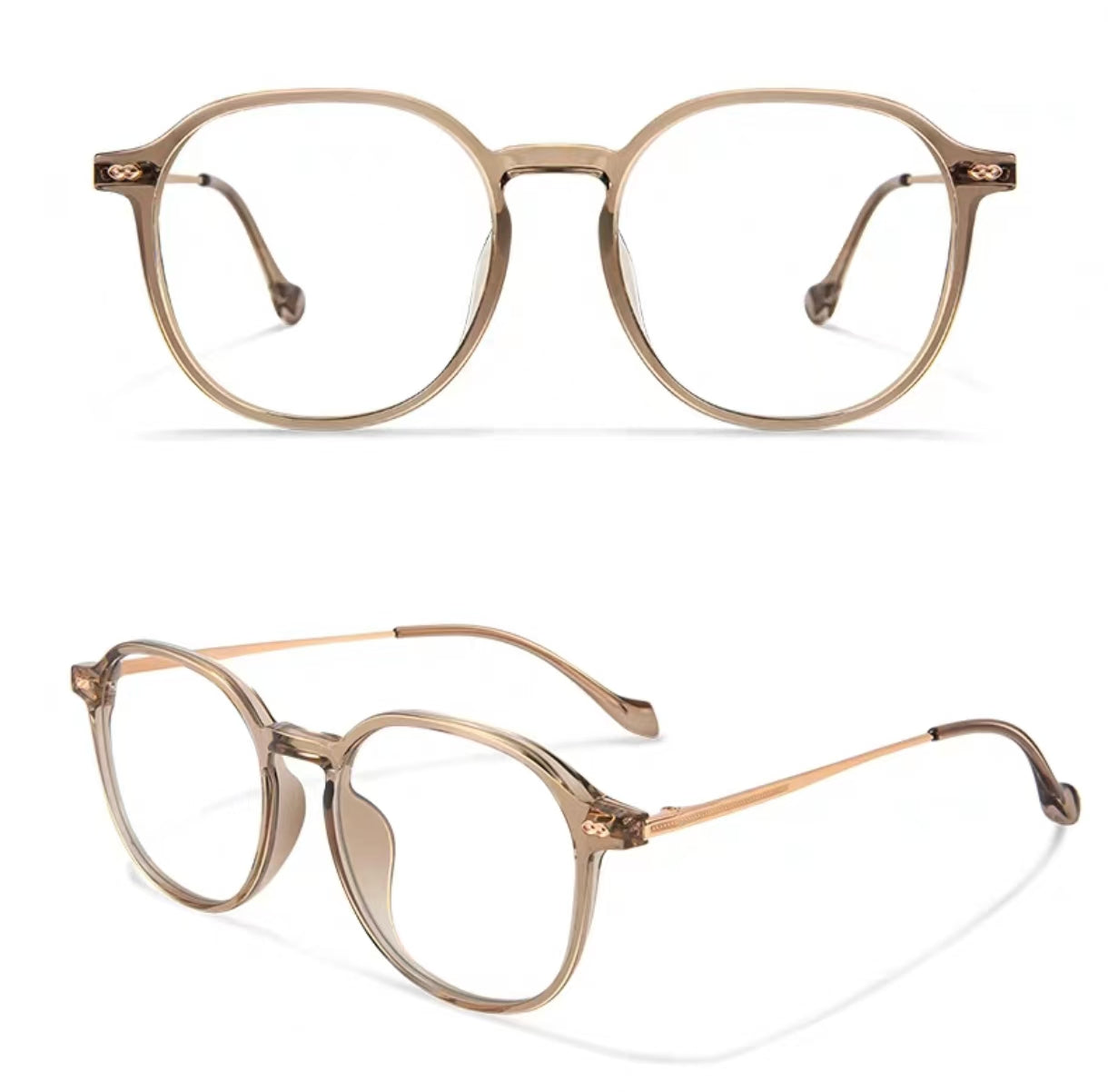 Cool Tea Brown women's oversized TR90 and titanium full-rim glasses, original front and 45-degree composite detail