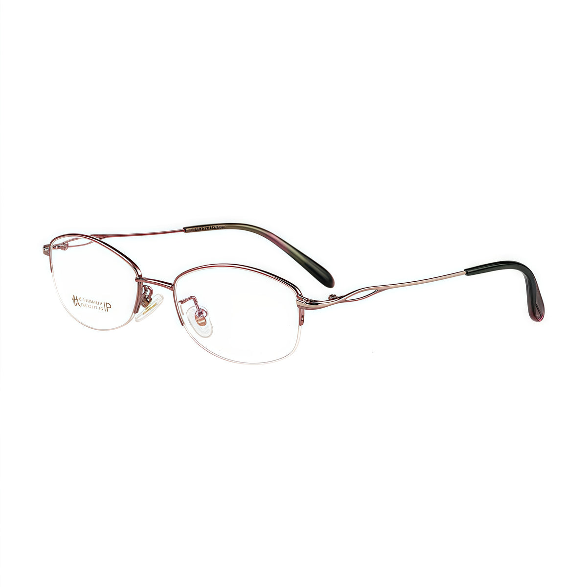 Pink women's elegant metal alloy semi-rimless glasses, original 45-degree product view