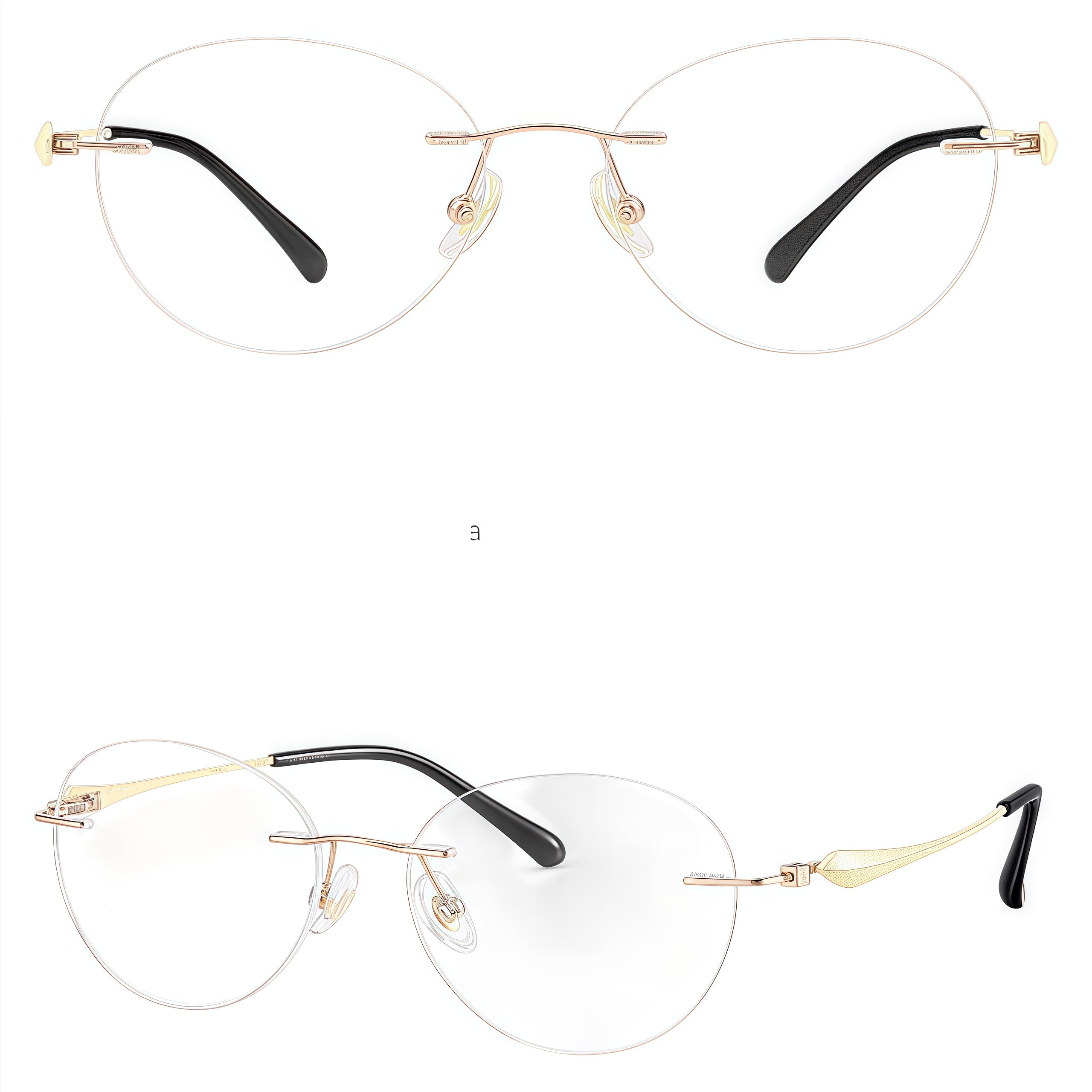 Champagne Gold rimless soft oval pure titanium eyeglass frames, supplier front and angle reference