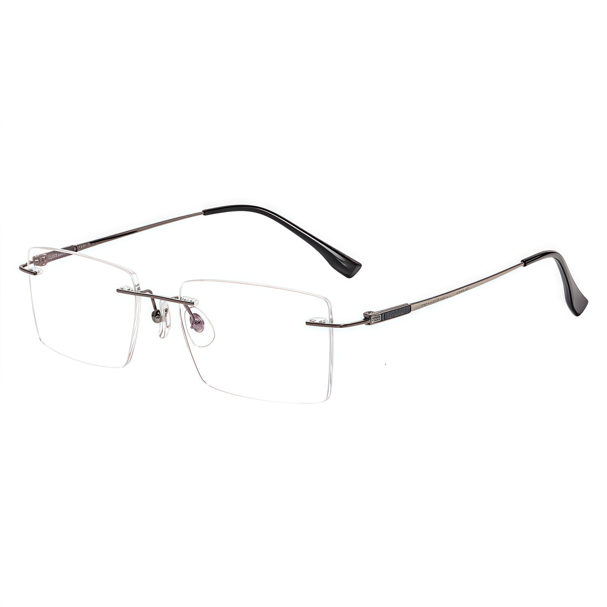 Gunmetal men's titanium rimless rectangular glasses, 45-degree product view