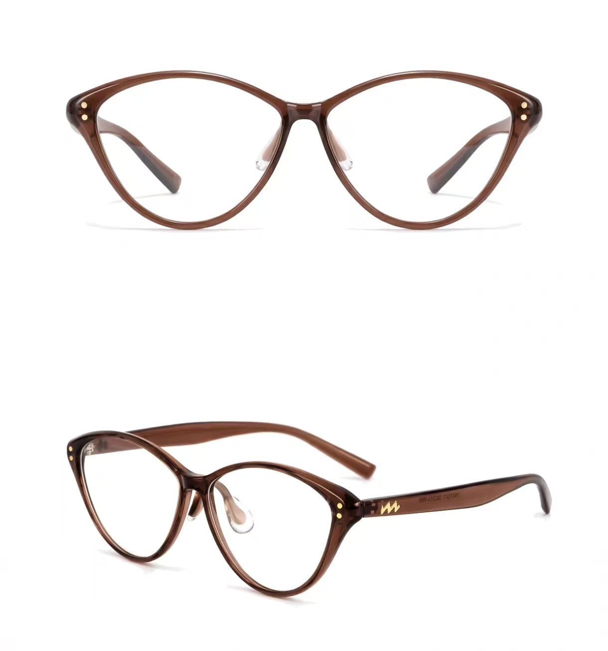 Cool Brown oversized cat-eye full-rim eyeglass frame, front and three-quarter product views