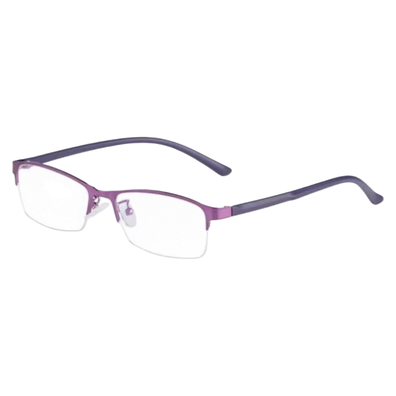 Purple slim business-casual rectangular profile semi-rimless eyeglass frame, three-quarter product view