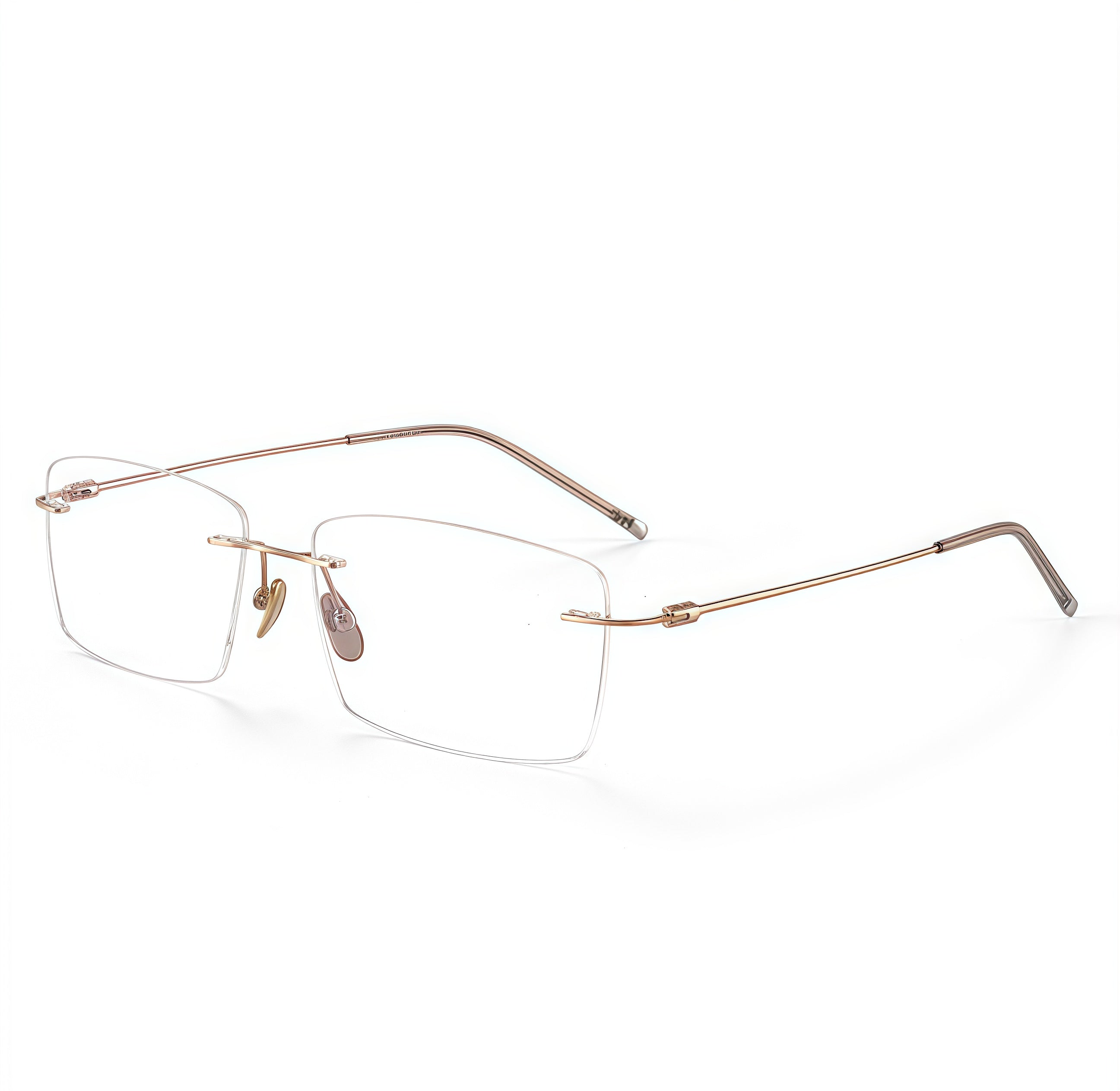 Rose Gold rimless shallow rectangular pure titanium eyeglass frames, supplier front and angle reference