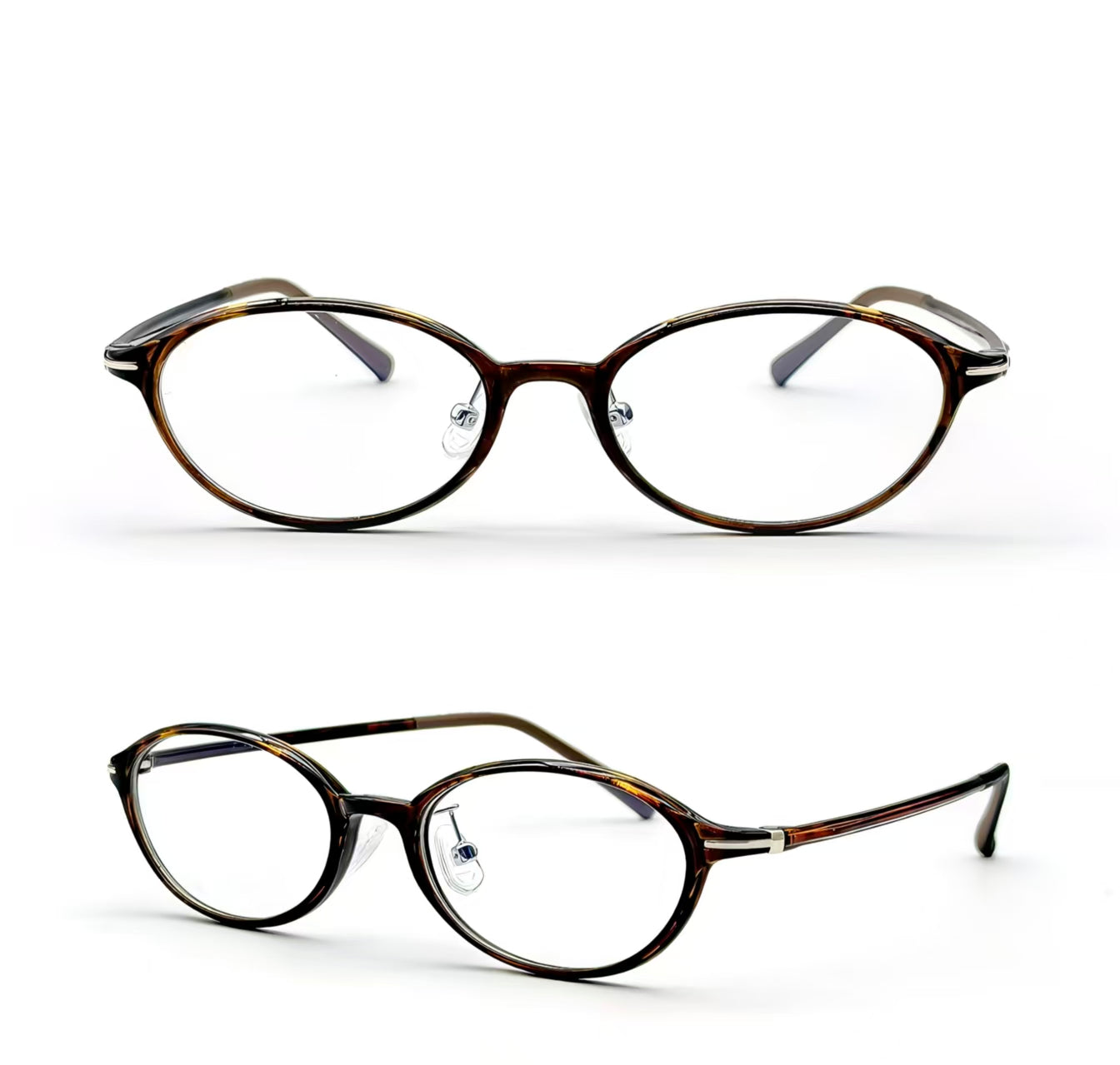 Tortoise Shell TR90 small-fit oval full-rim glasses, front and 45-degree product views