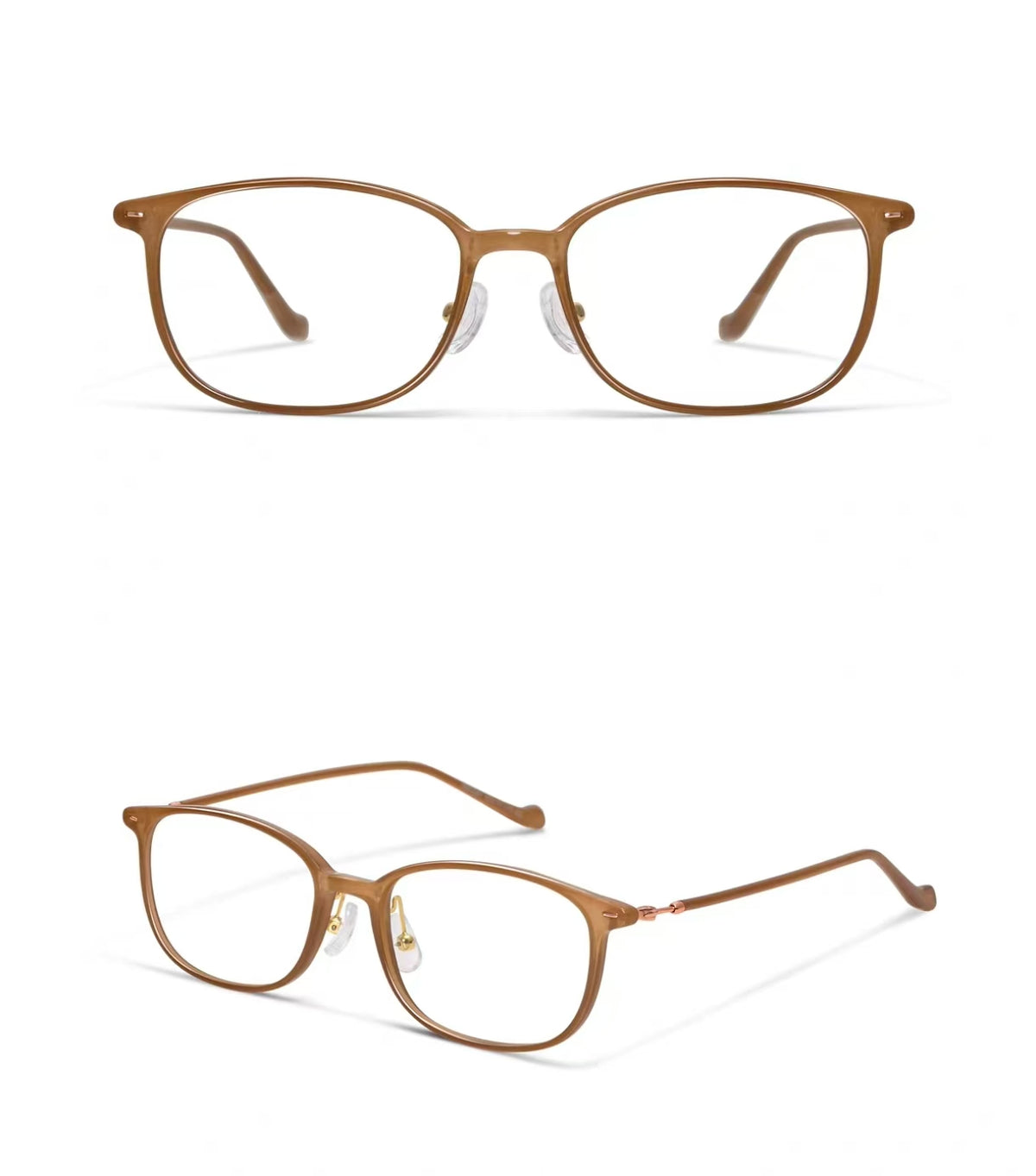 Latte Brown women's small-fit TR90 square full-rim glasses, original front-and-45-degree composite detail