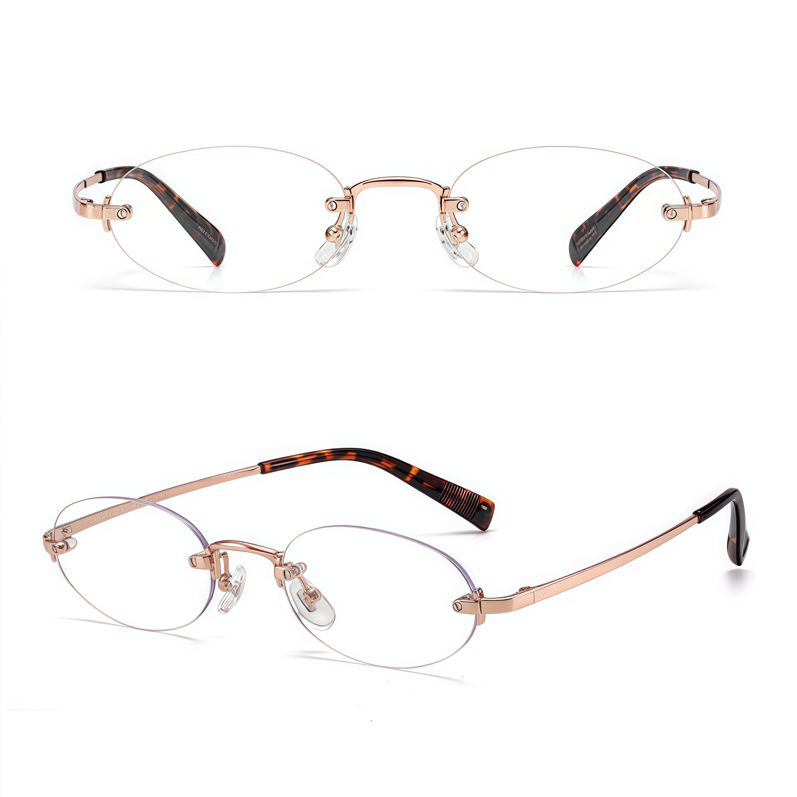 Rose Gold/Leopard women's titanium rimless narrow oval glasses, supplier front and three-quarter views