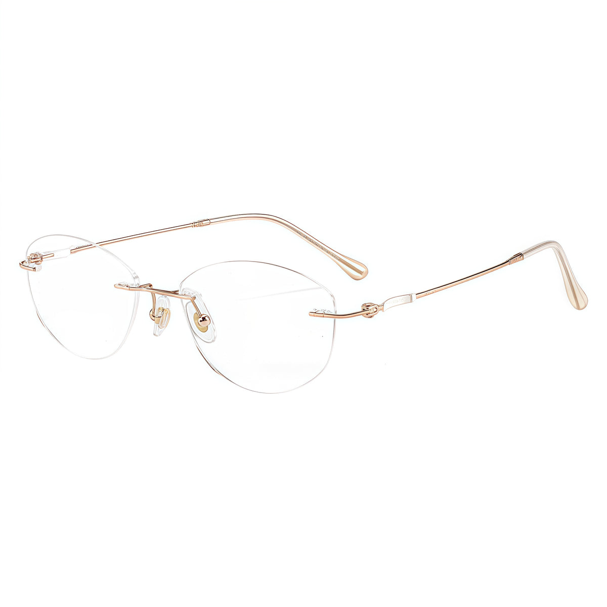 Rose Gold women's pure titanium cat-eye rimless eyeglass frames, product views