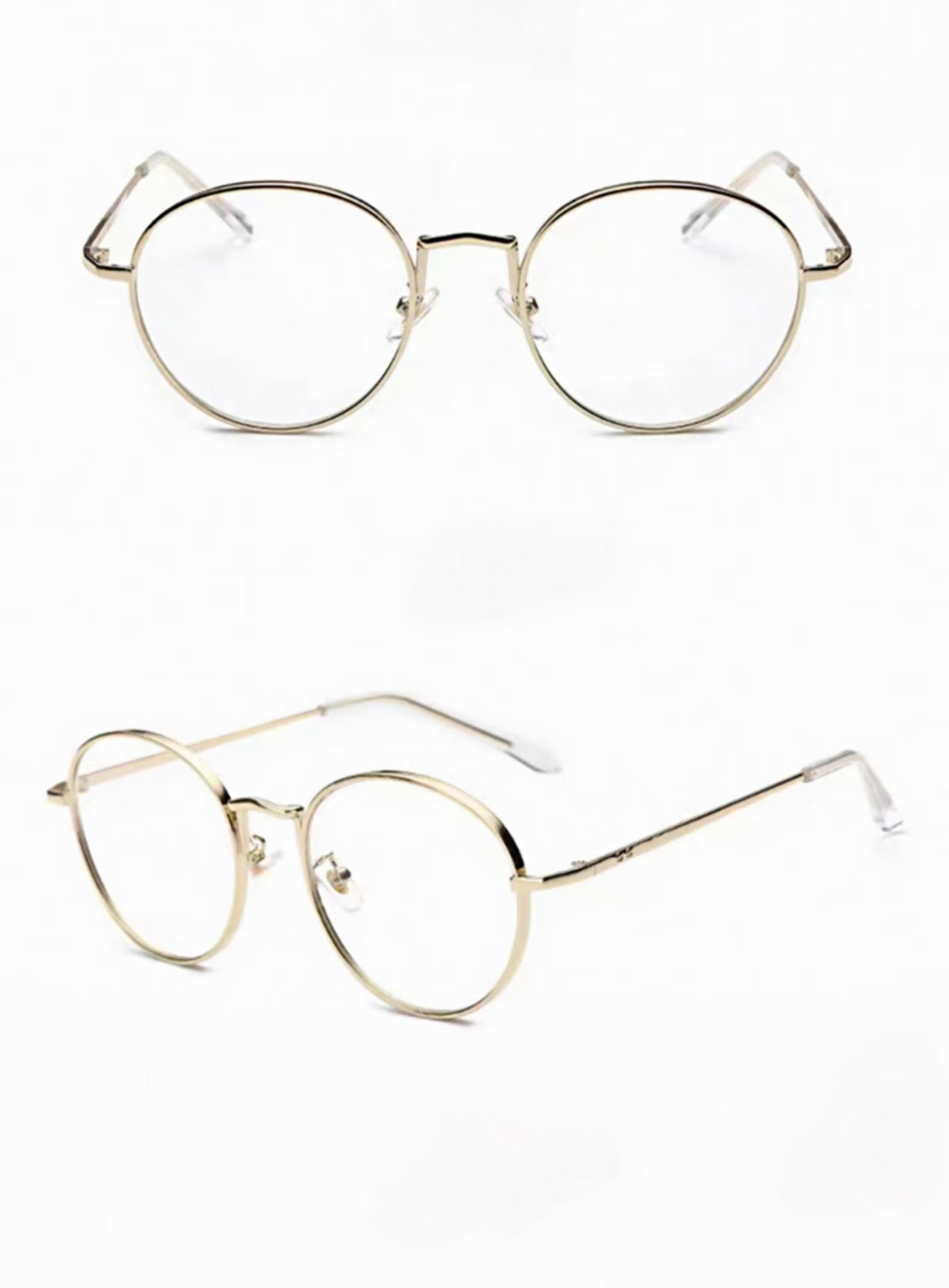 Gold men's alloy near-round full-rim glasses, original front-and-45-degree composite detail