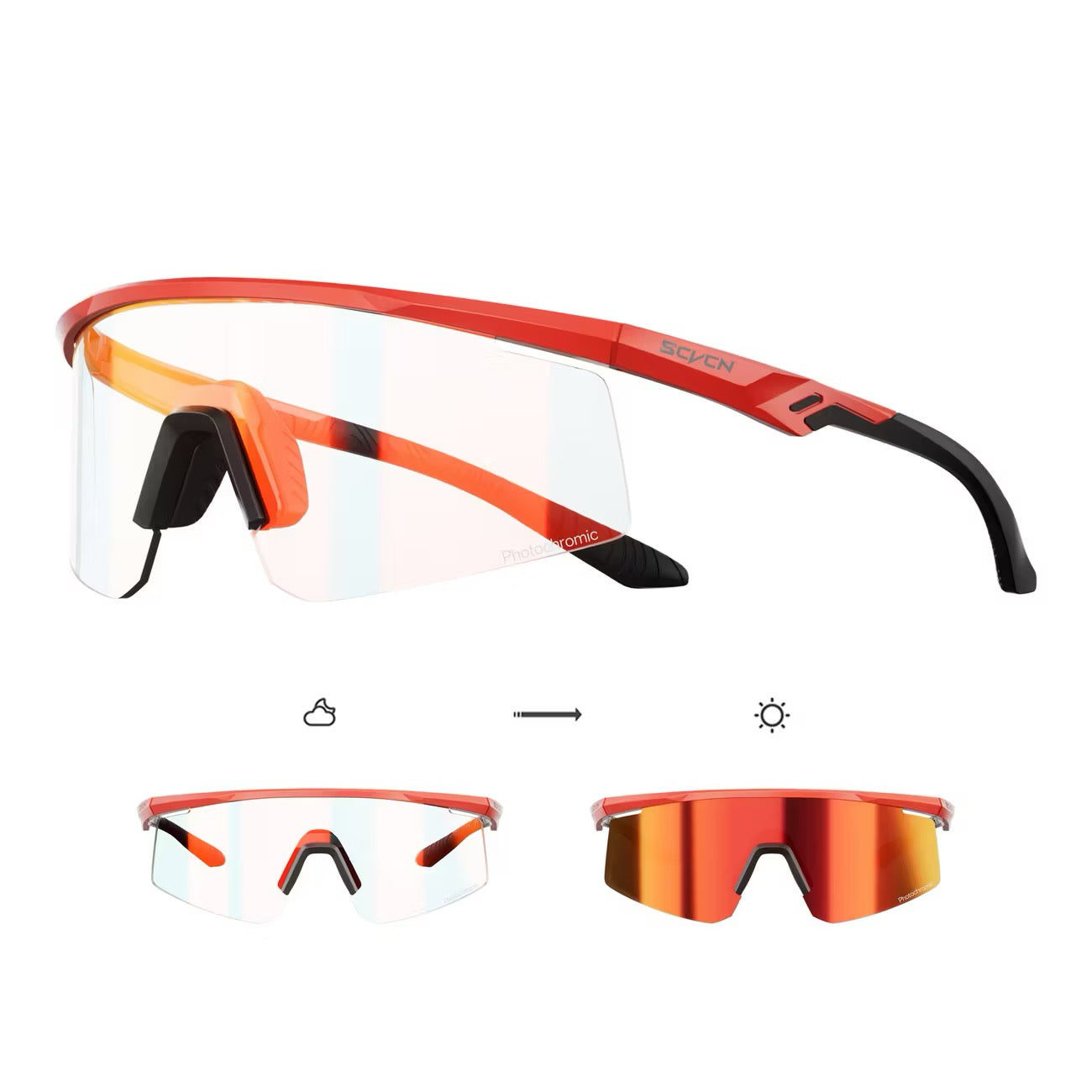 Red Frame/Photochromic Red Lens front and 45-degree product views of Windproof Outdoor Sports Glasses