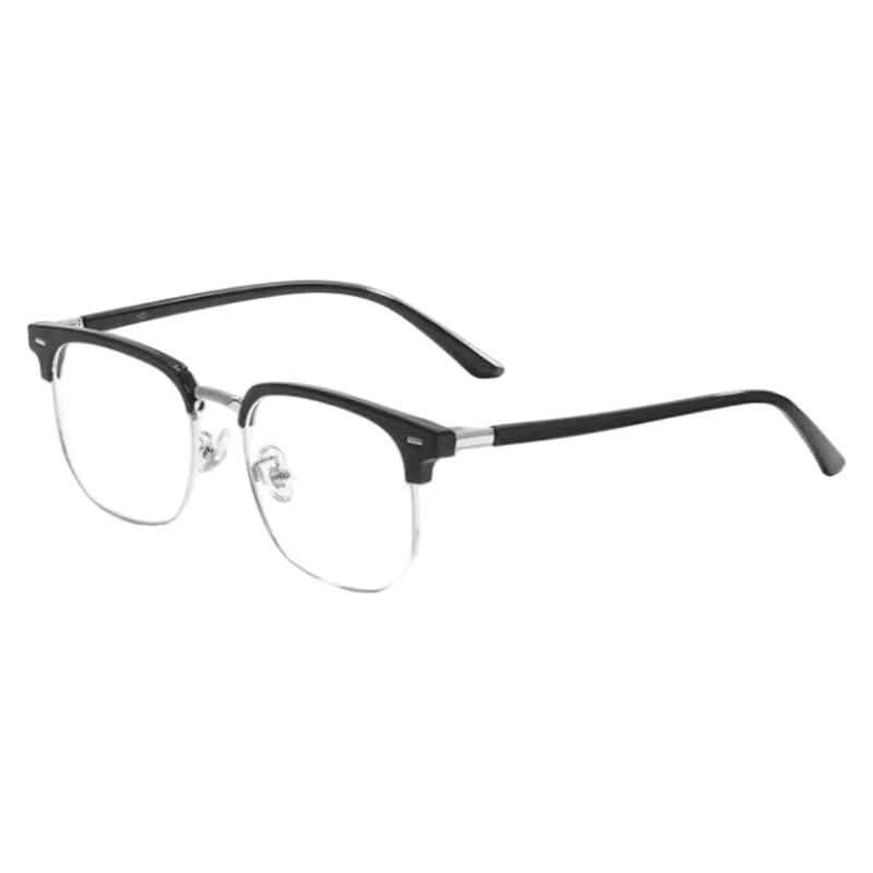 Black and Silver modern square browline profile semi-rimless eyeglass frame, three-quarter product view