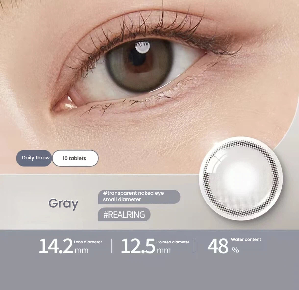 OLENS Real Ring Gray toric contact lens shown on an eye