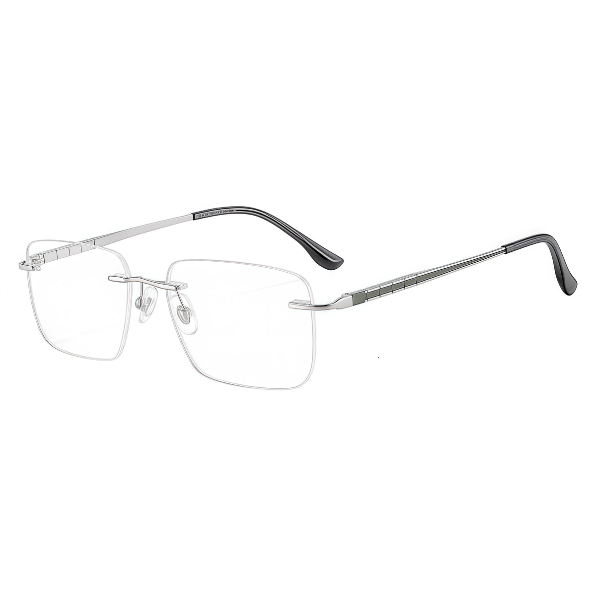 Silver/Dark Green rimless rectangular pure titanium eyeglass frames, supplier front and angle reference