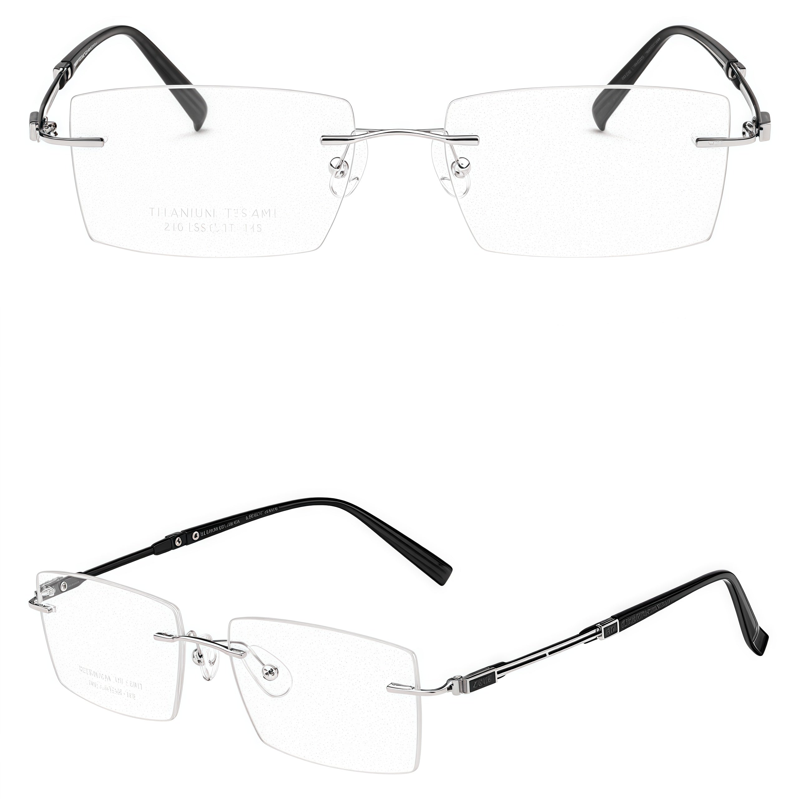 Silver men's titanium rimless rectangular glasses with geometric temples, supplier composite detail