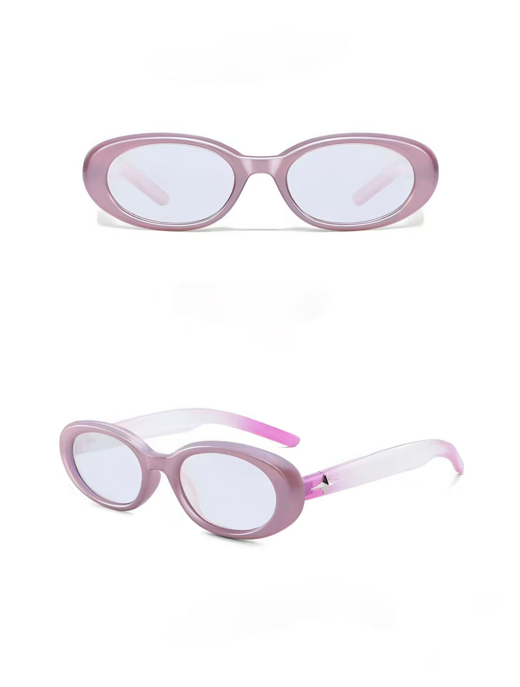 Dusty Pink full-rim oval polycarbonate sunglasses, front and three-quarter views
