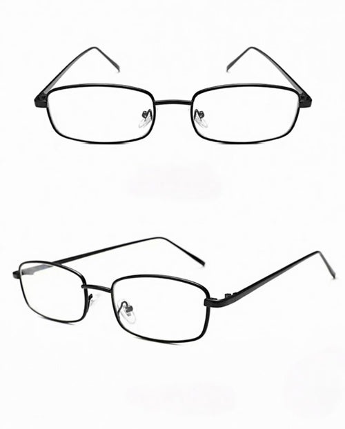 Black slim alloy square full-rim eyeglass frame, product views