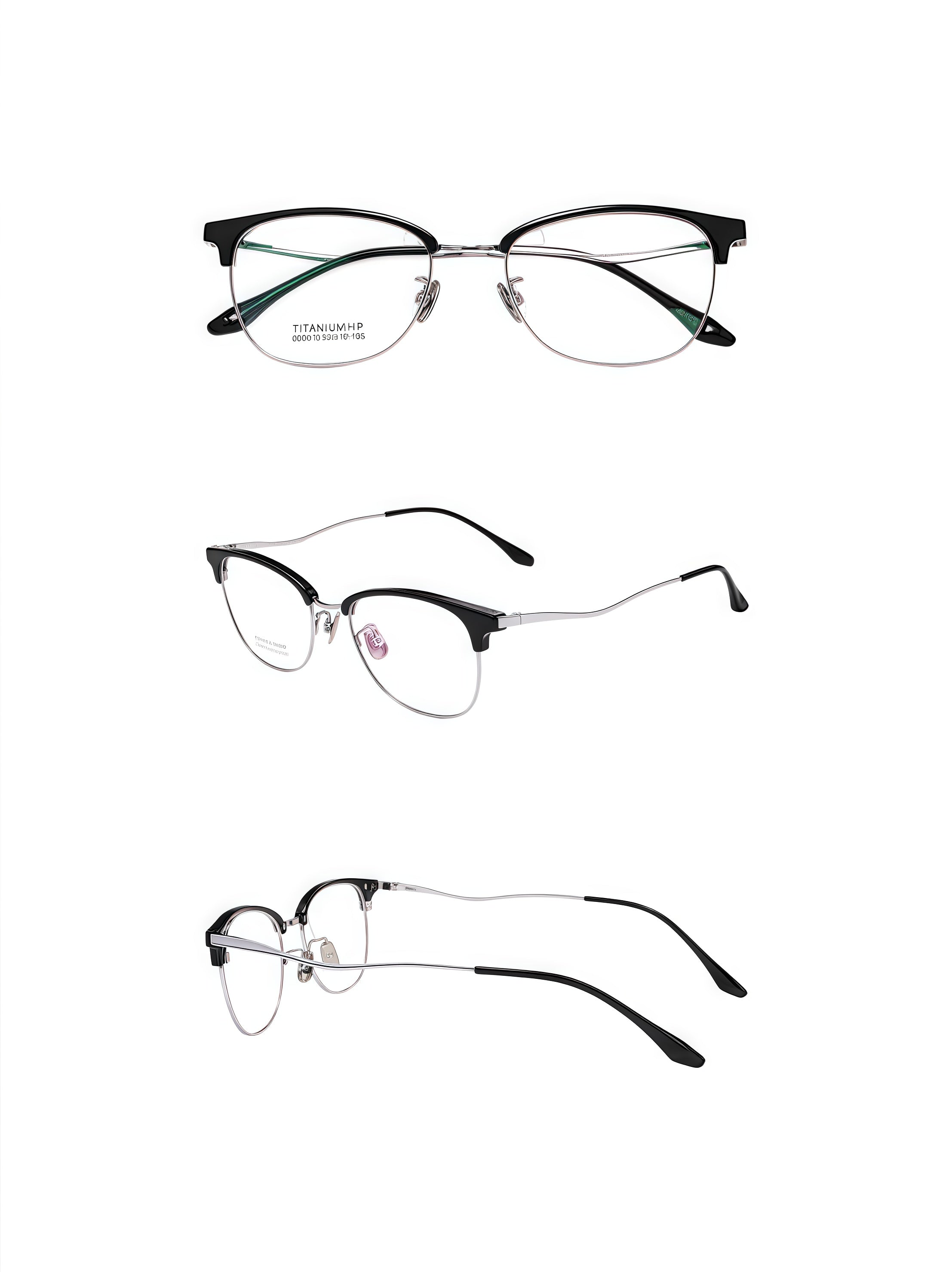 Black/Silver unisex vintage TR-and-titanium semi-rimless glasses, original front, 45-degree and side detail