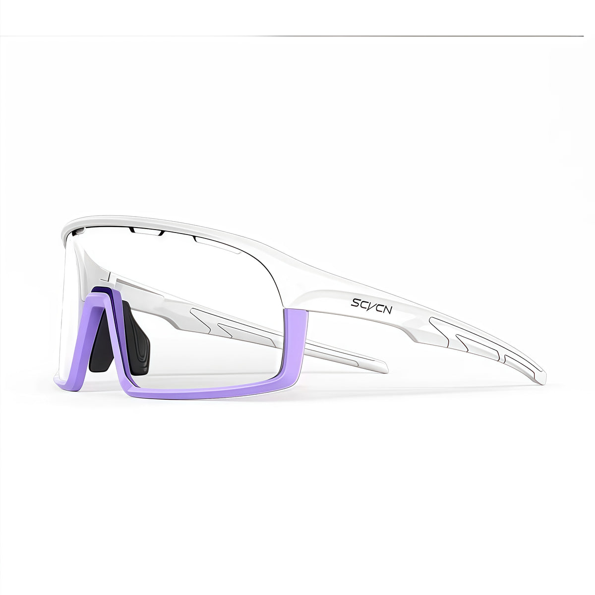 Glossy White/Purple Frame/Photochromic Grey Lens unisex polycarbonate rectangle sunglasses, 45-degree view