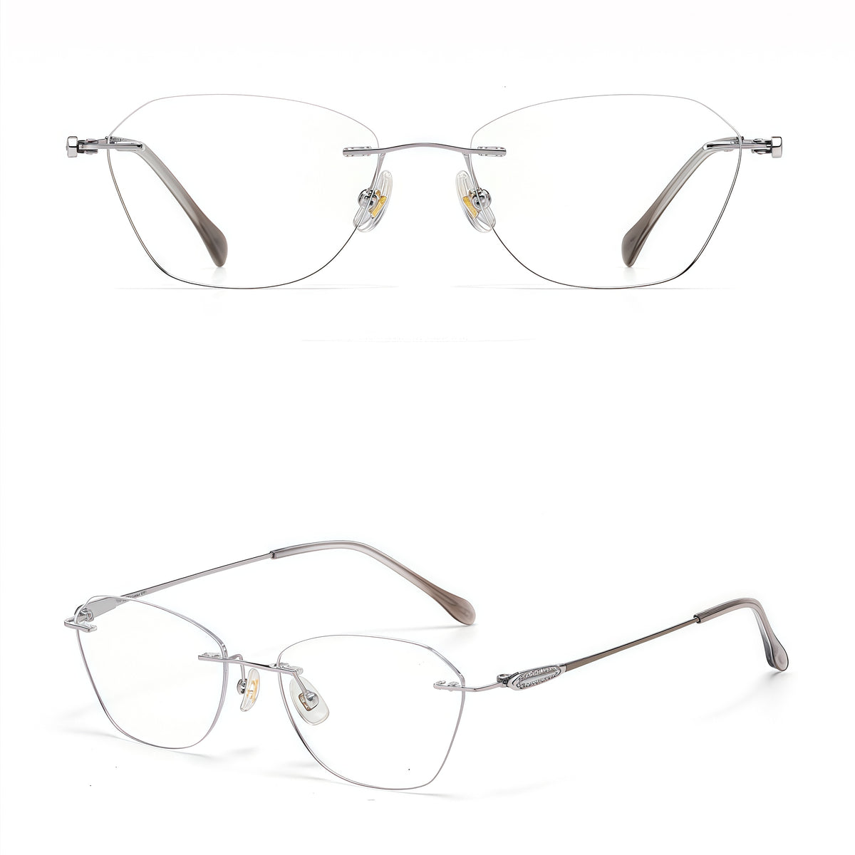 Silver front and 45-degree product views of Timeless Vintage Minimalist Rimless Eyeglasses